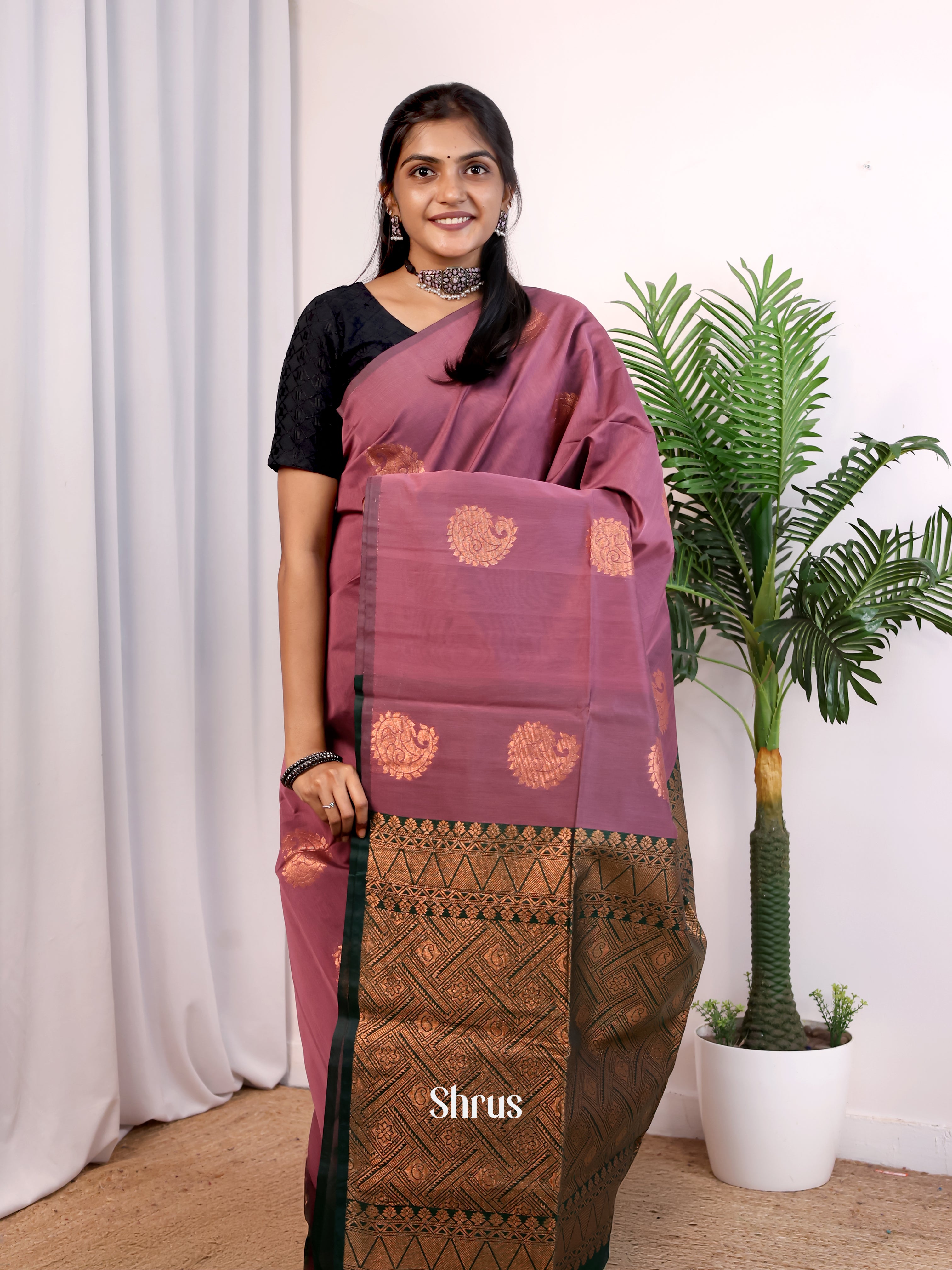 Onion Pink & Green - Semi Silkcotton Saree - Shop on Shrus.com