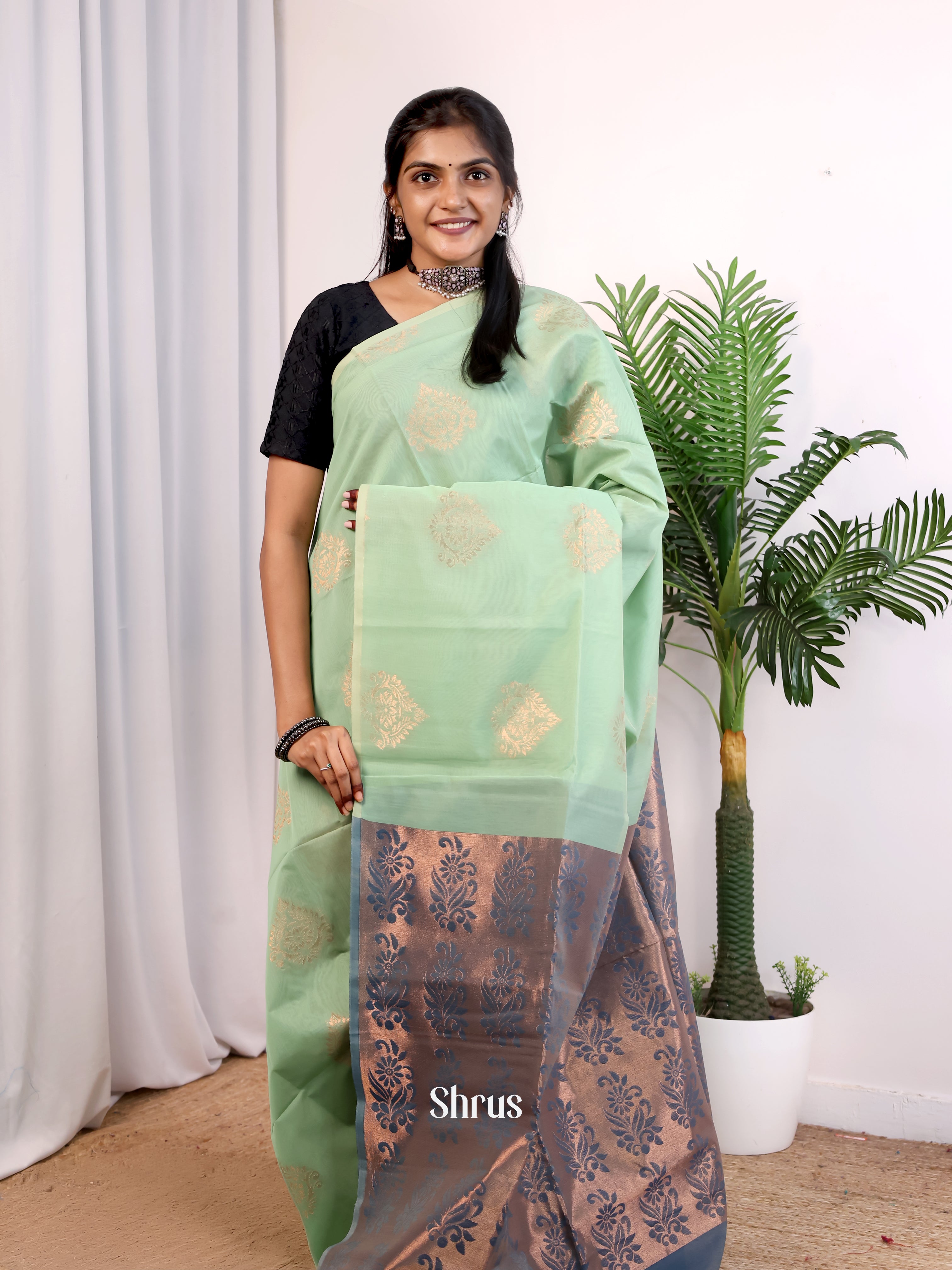 Ice Green & Grey - Semi Silkcotton Saree - Shop on Shrus.com
