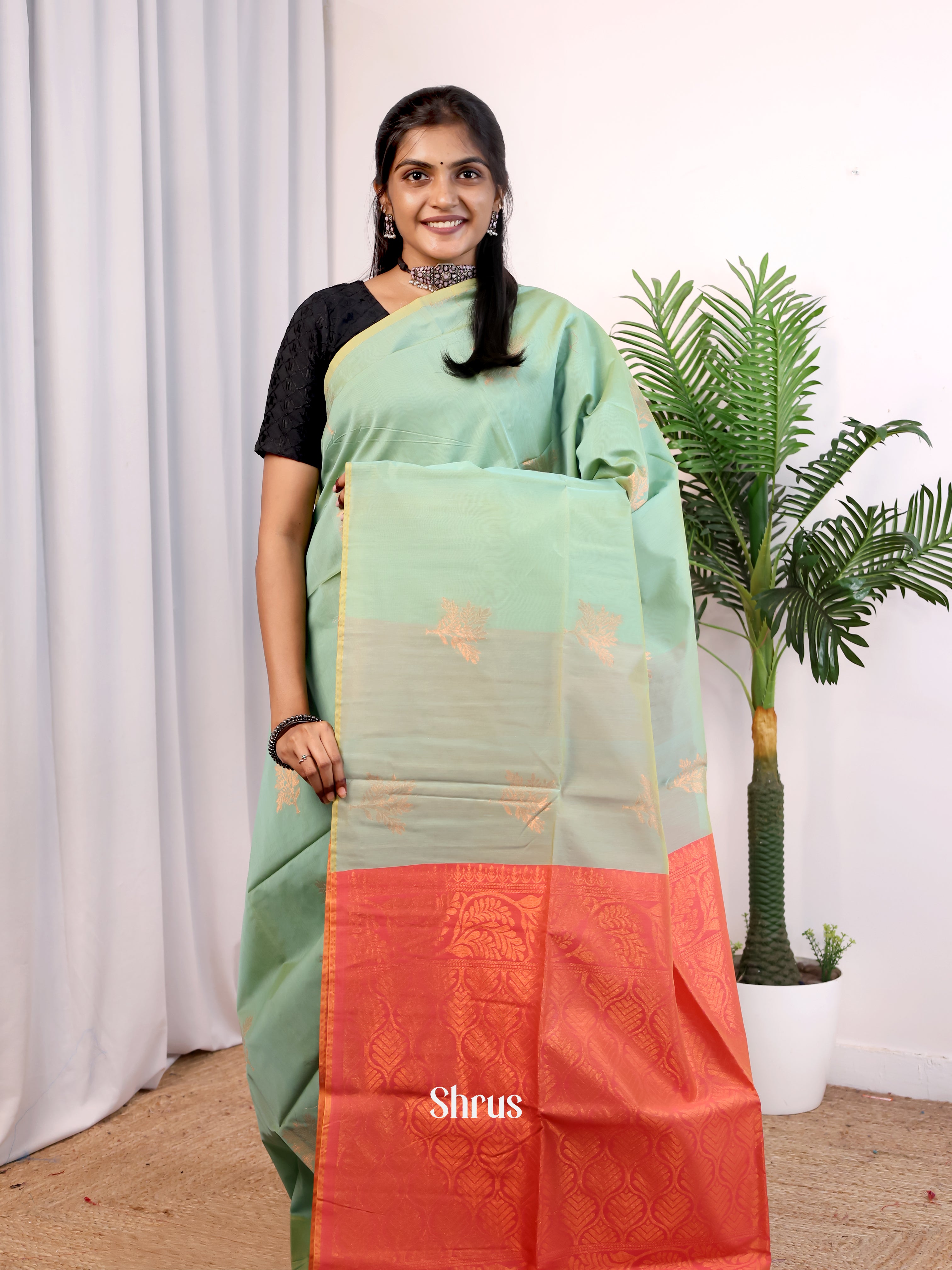 Teal Green & Orange - Semi Silkcotton Saree - Shop on Shrus.com