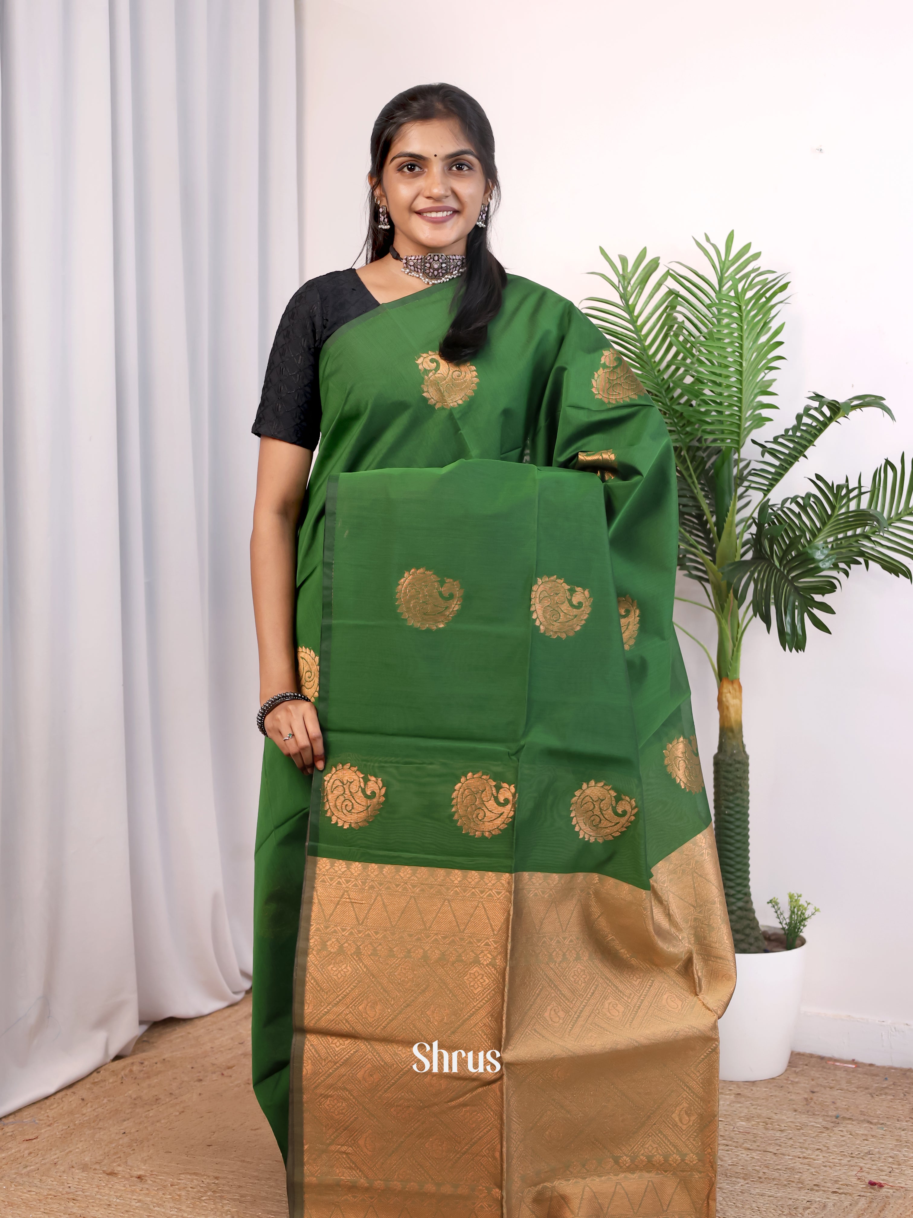 Green & Beige - Semi Silkcotton Saree - Shop on Shrus.com