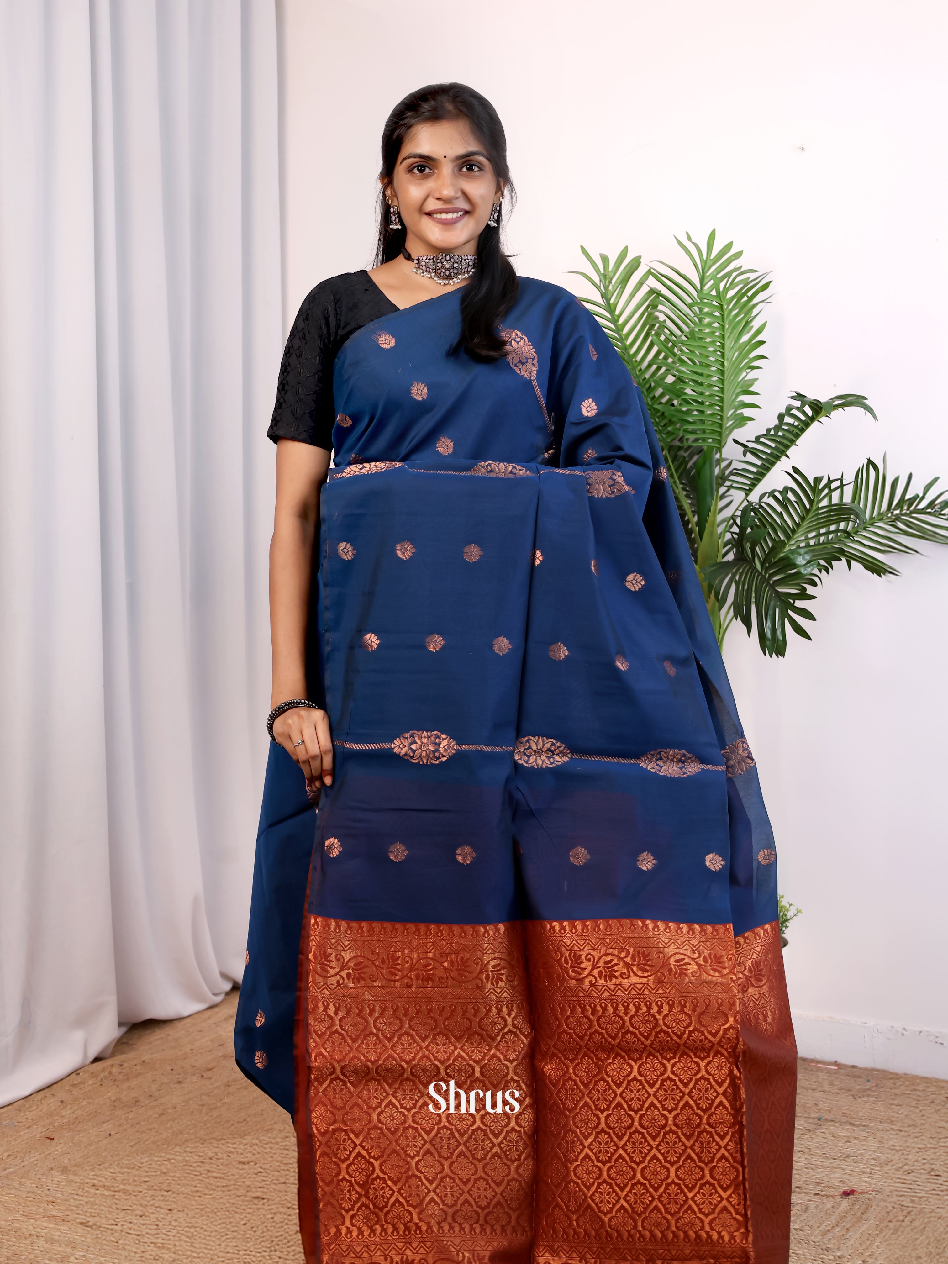 Blue & Red- Semi Silkcotton Saree - Shop on Shrus.com