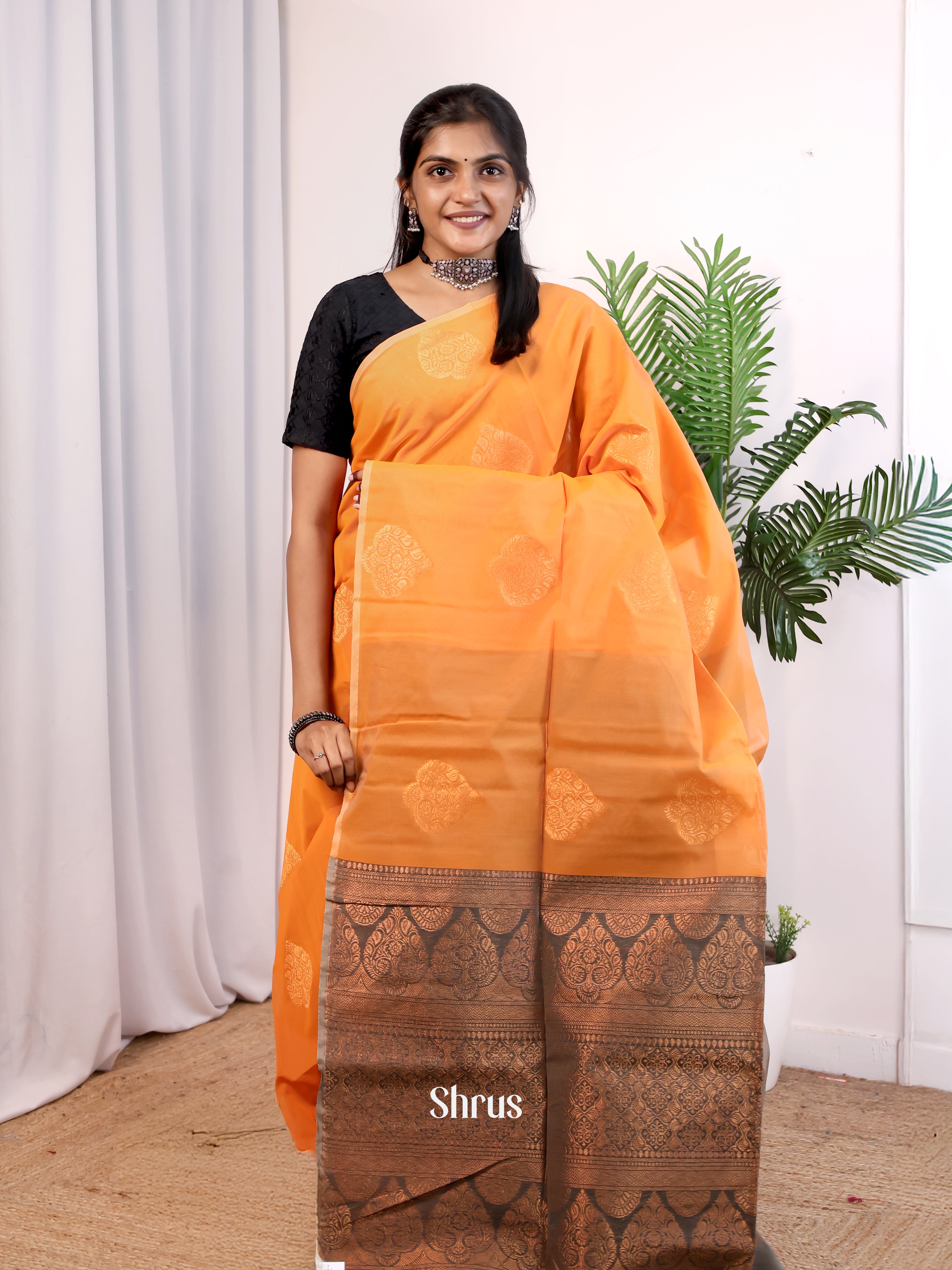 Orange & Grey - Semi Silkcotton Saree - Shop on Shrus.com