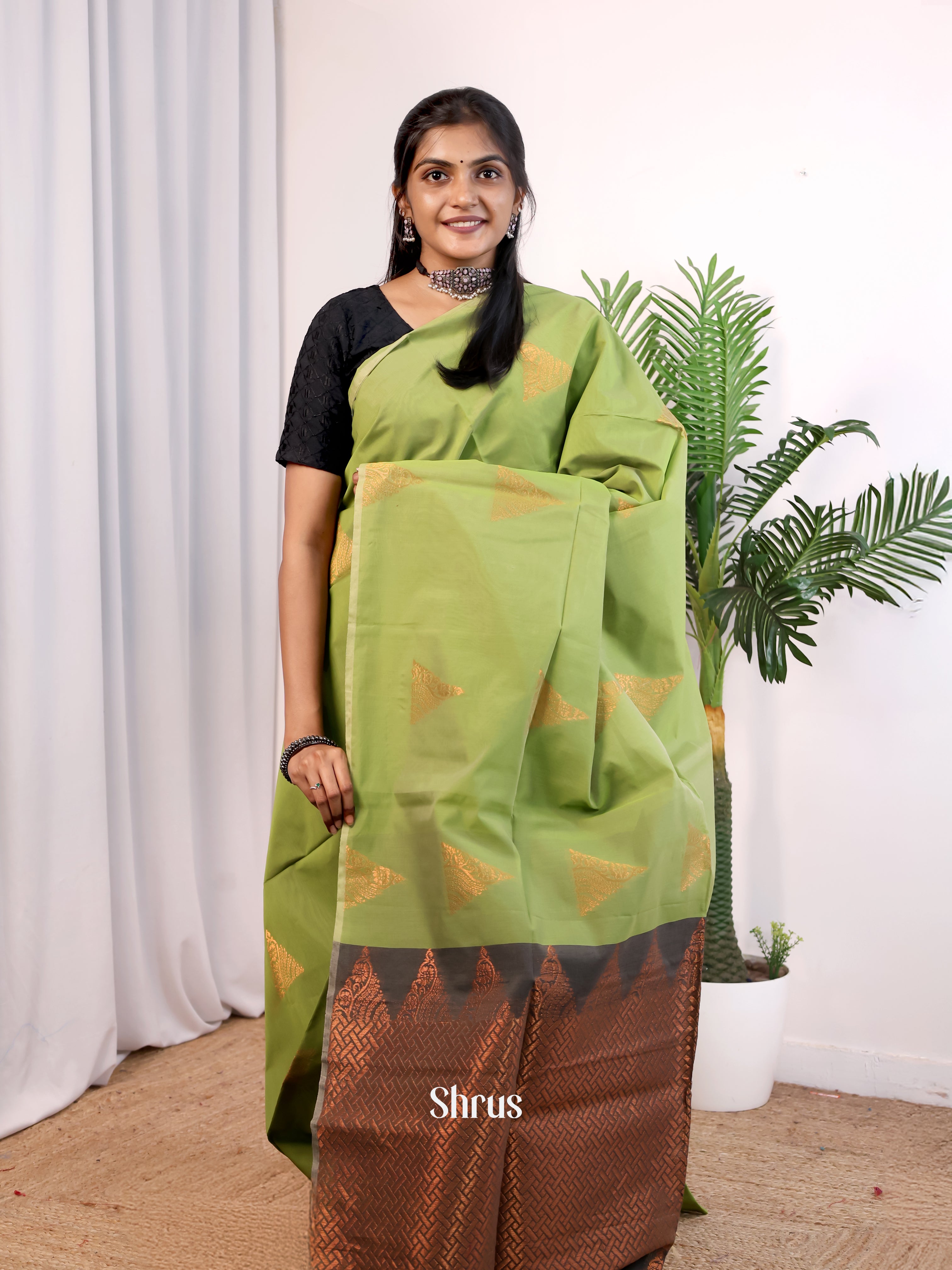 Green & Grey - Semi Silkcotton Saree - Shop on Shrus.com