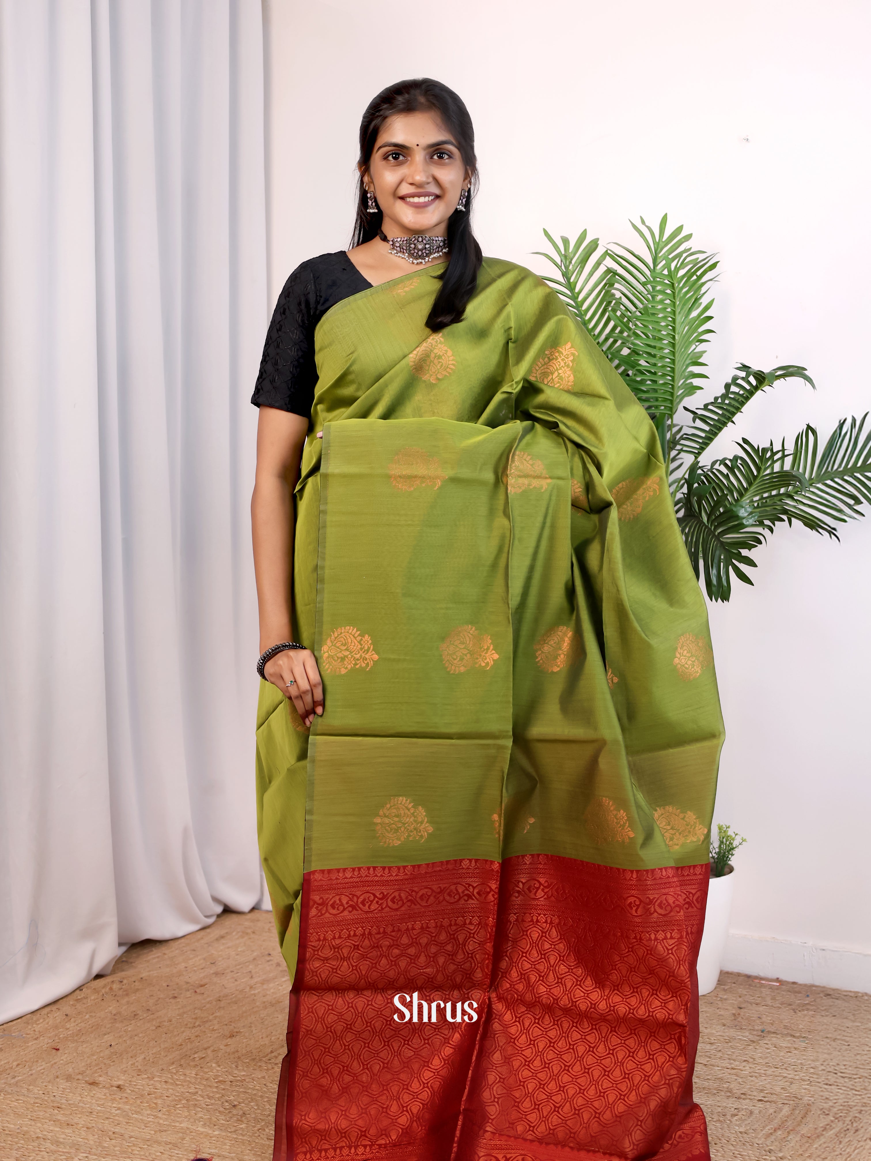 Green & Red- Semi Silkcotton Saree - Shop on Shrus.com