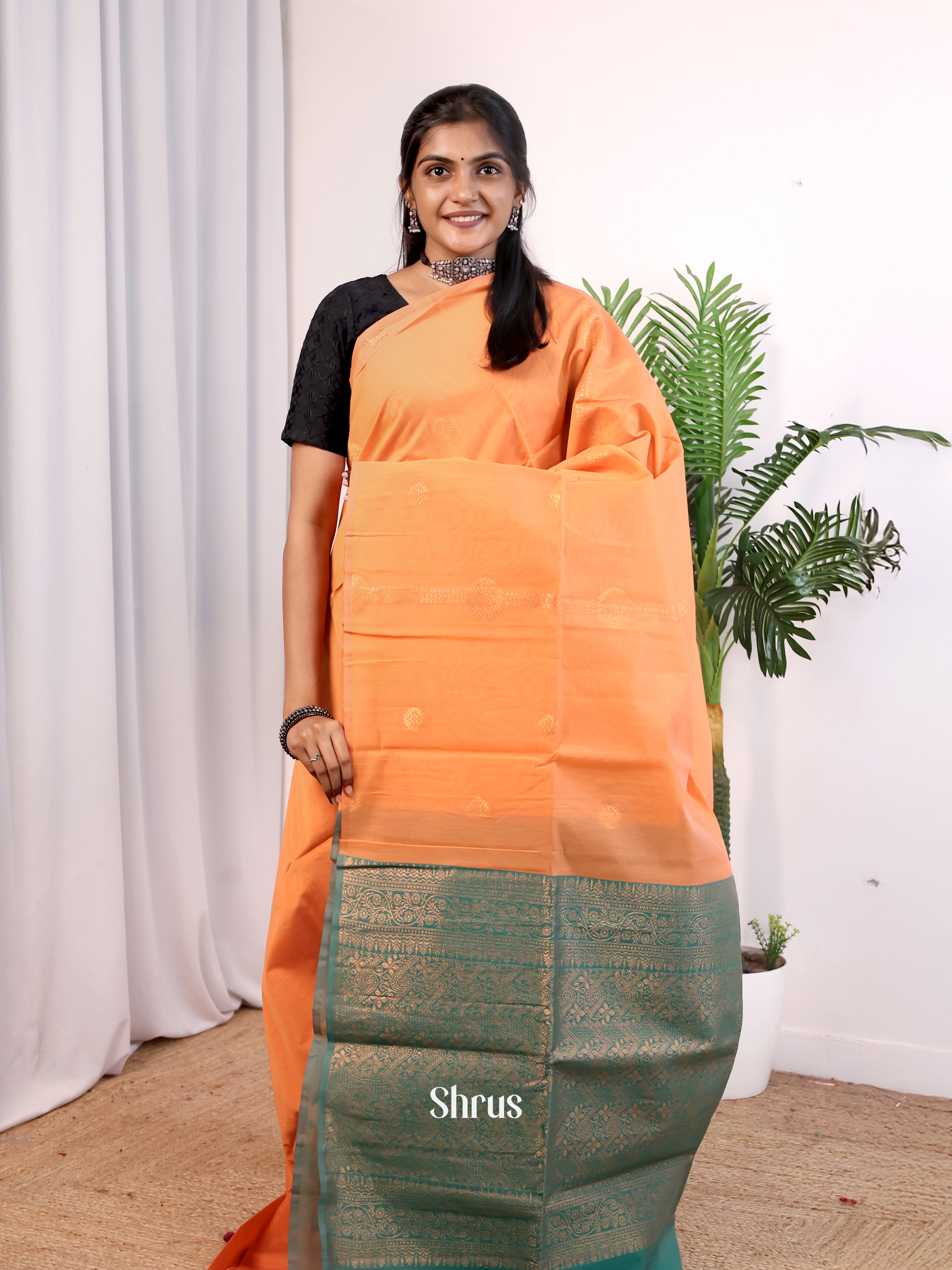 Peach & Green - Semi Silkcotton Saree - Shop on Shrus.com