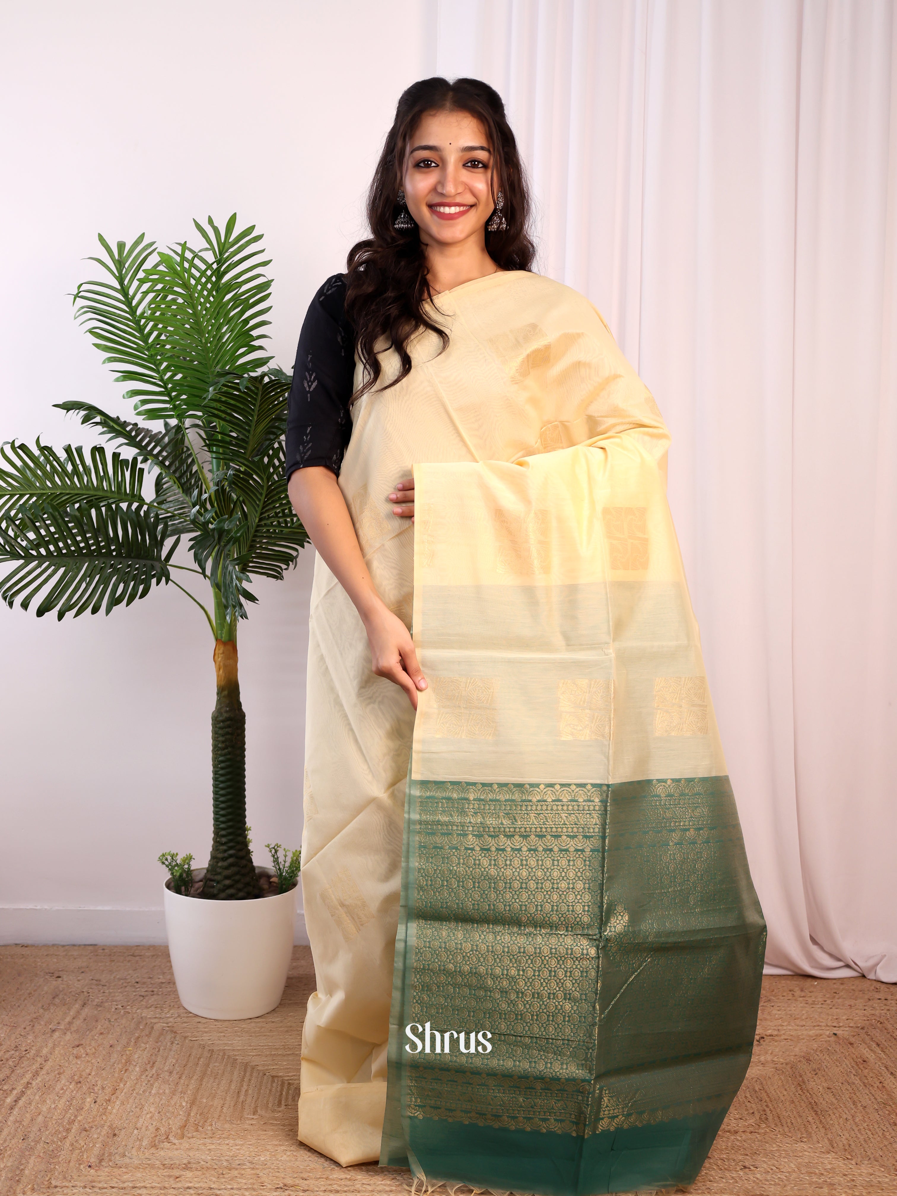 Cream & Green - Semi Silkcotton Saree - Shop on Shrus.com