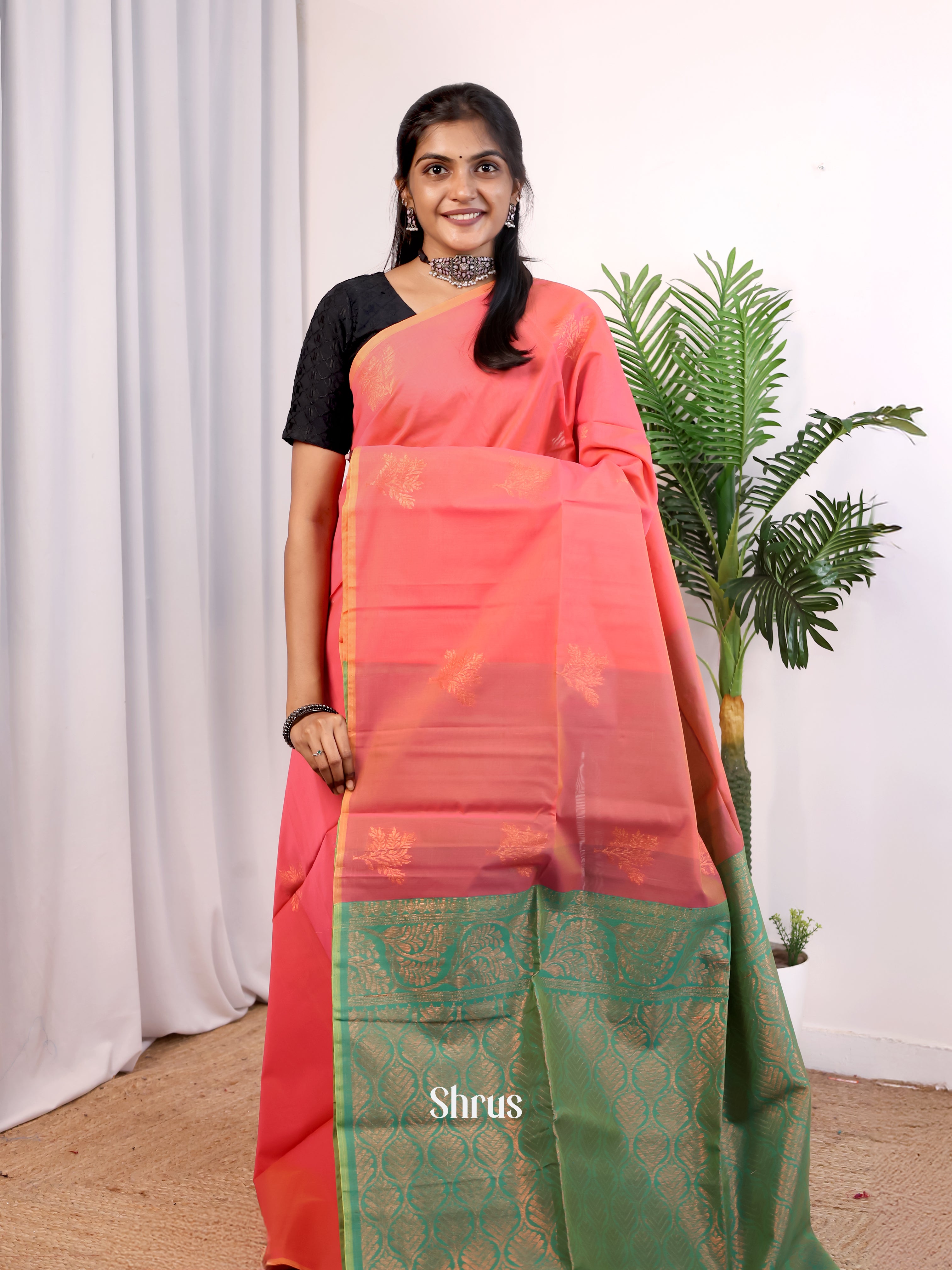 Pink & Green - Semi Silkcotton Saree - Shop on Shrus.com