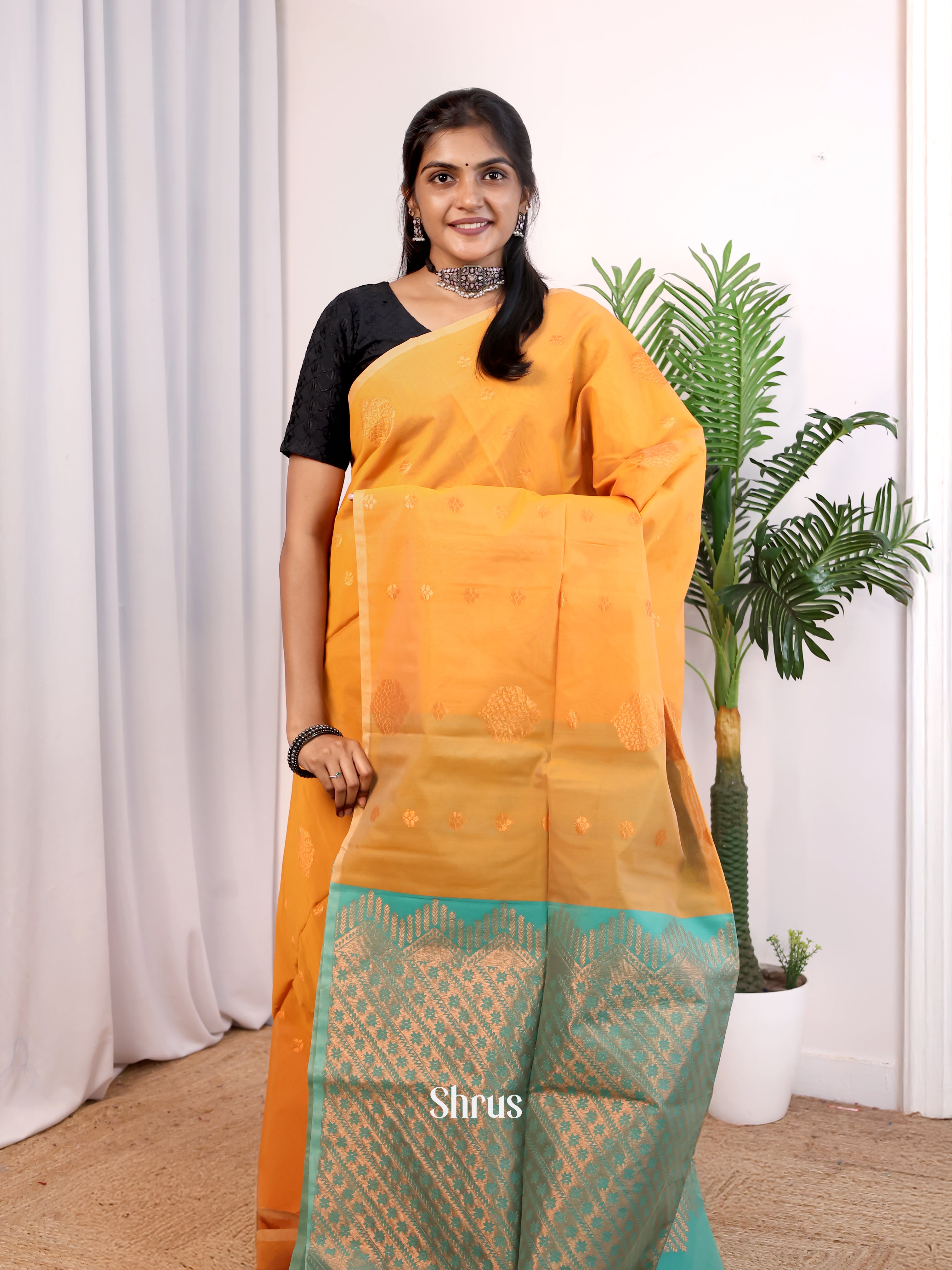 Mustard & Green- Semi Silkcotton Saree - Shop on Shrus.com