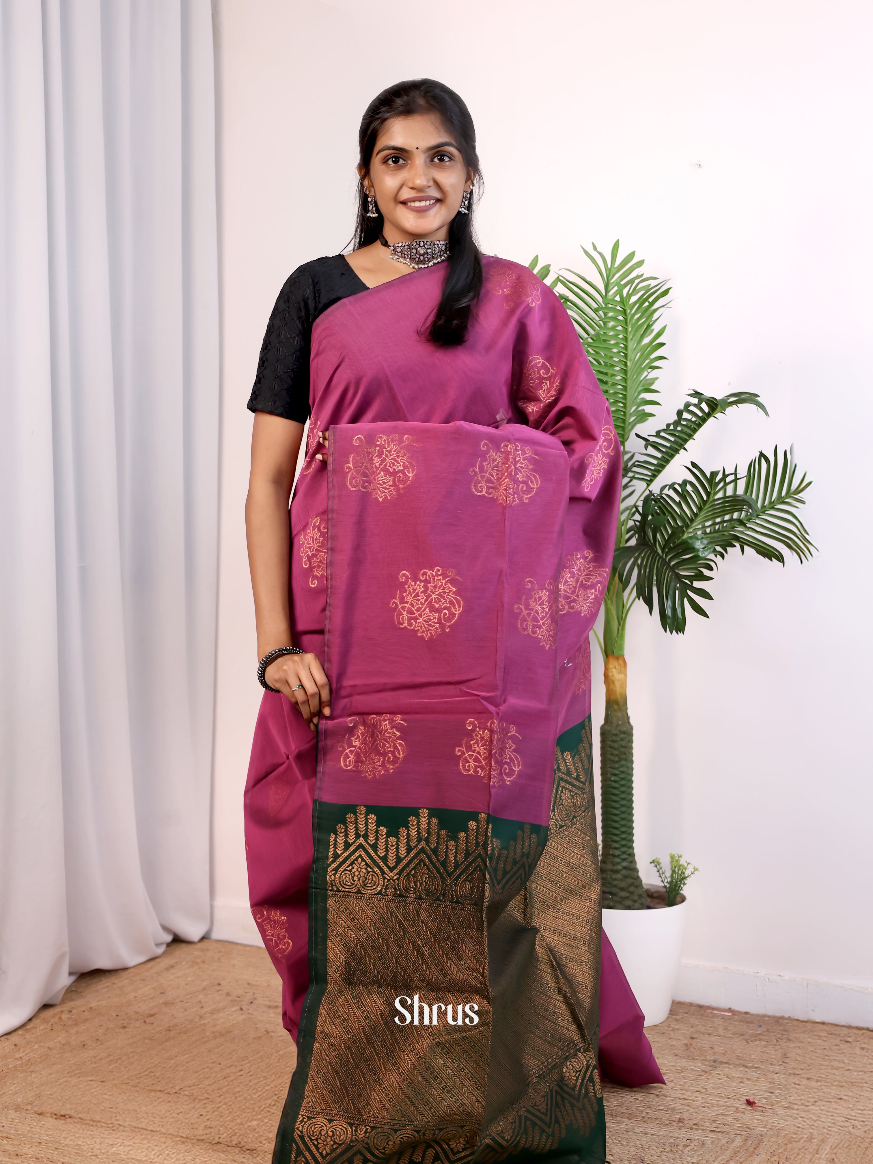 Purple & Green - Semi Silkcotton Saree - Shop on Shrus.com