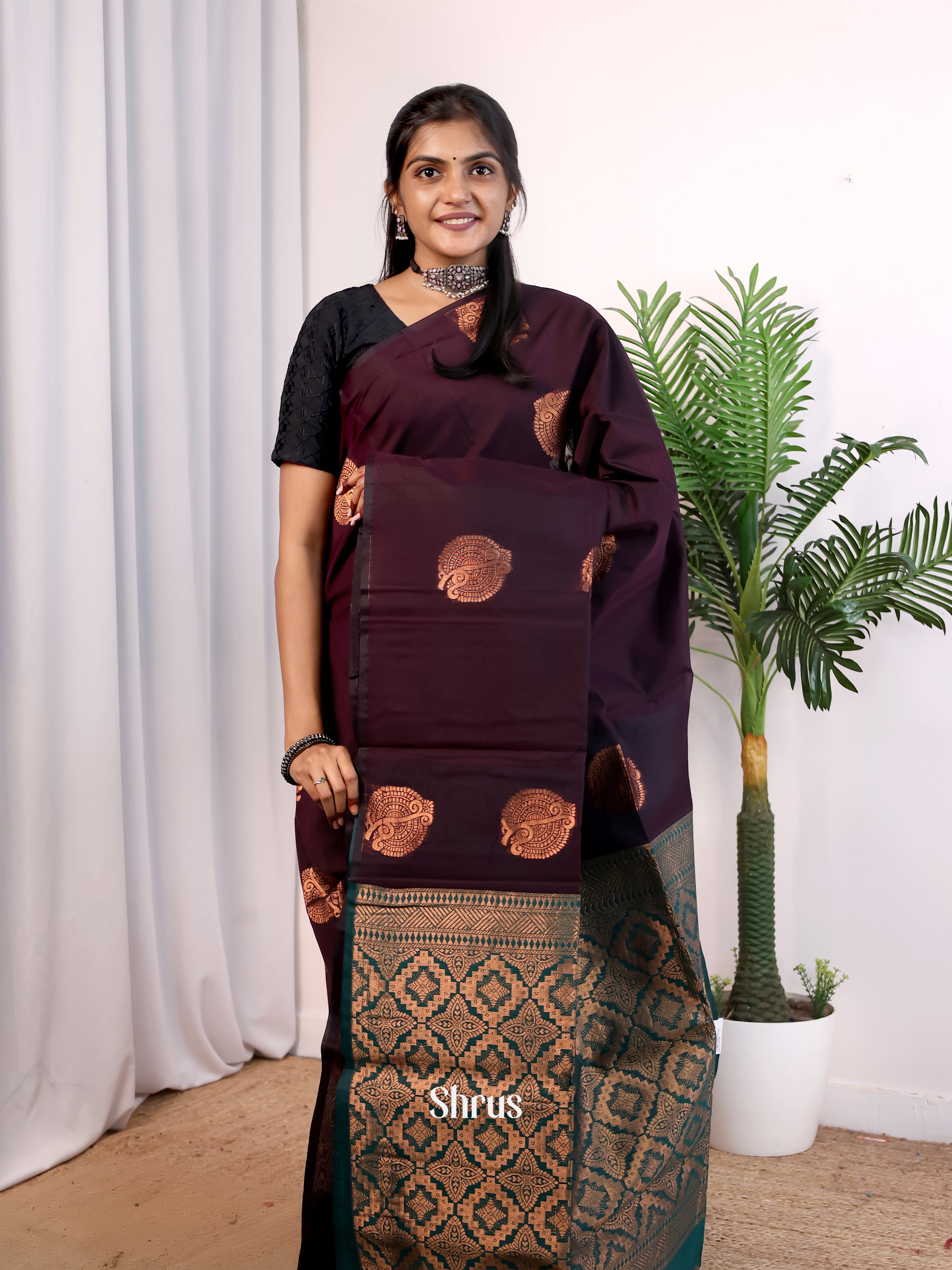 Dark Purple & Green - Semi Silkcotton Saree - Shop on Shrus.com