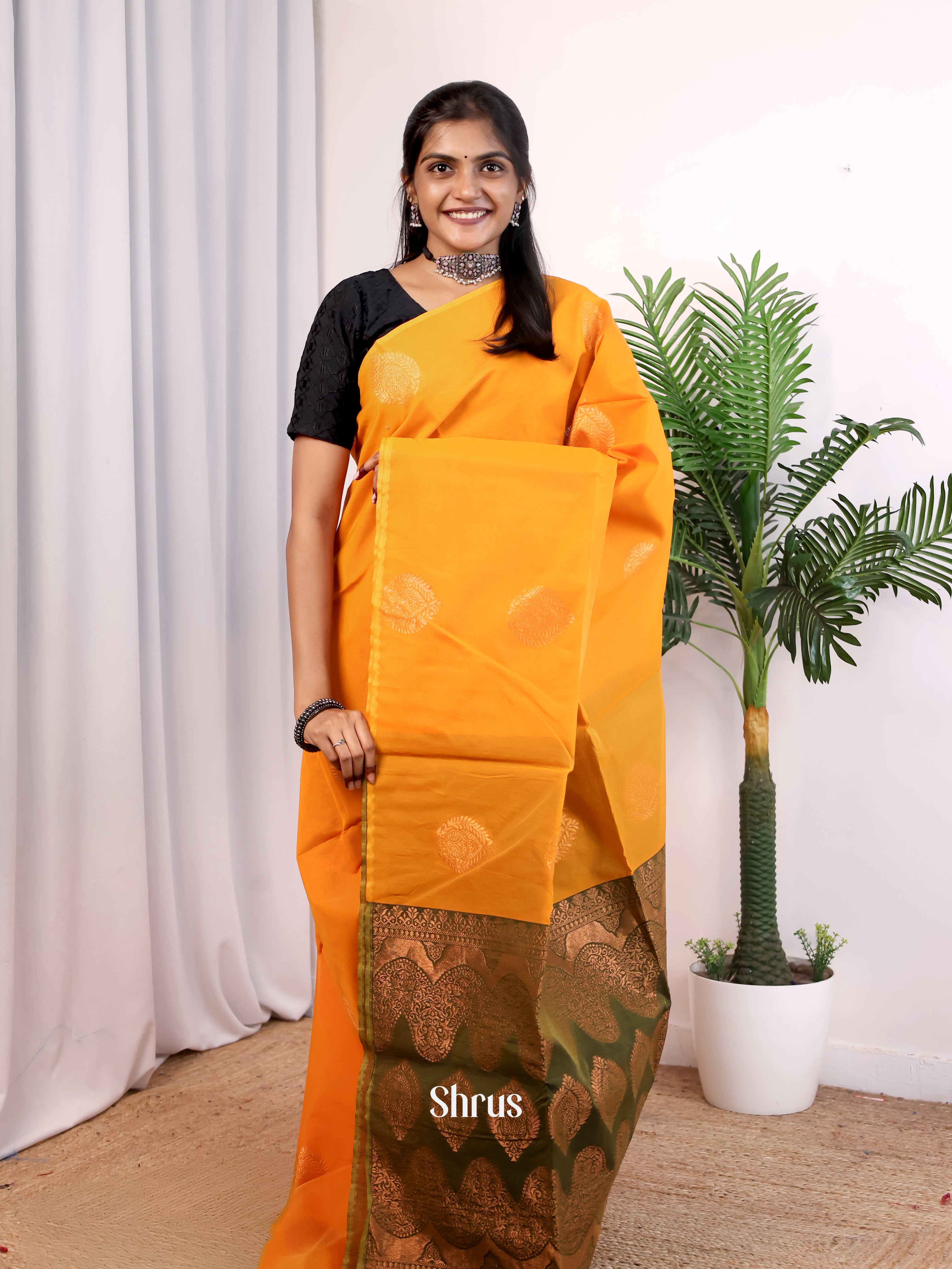 Mustard & Green- Semi Silkcotton Saree - Shop on Shrus.com