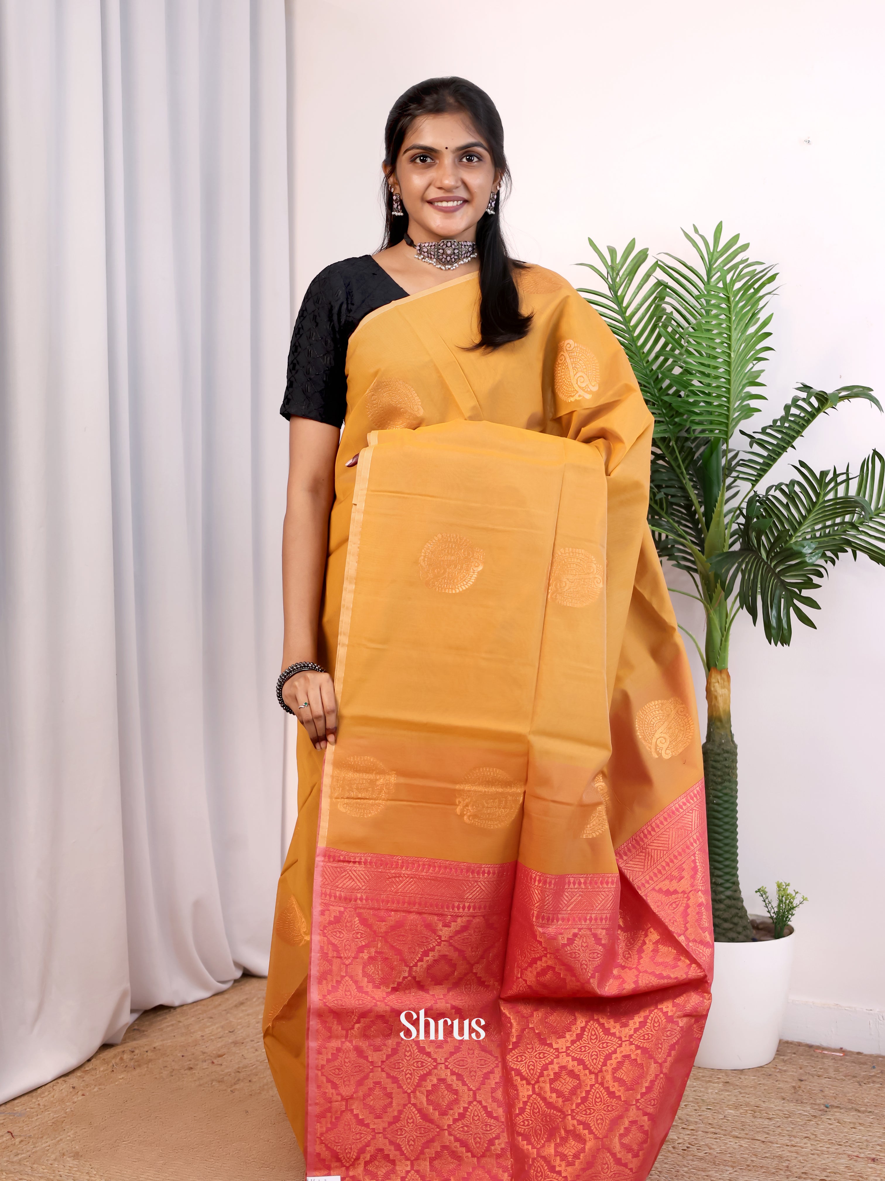 Mustard & Pink - Semi Silkcotton Saree - Shop on Shrus.com