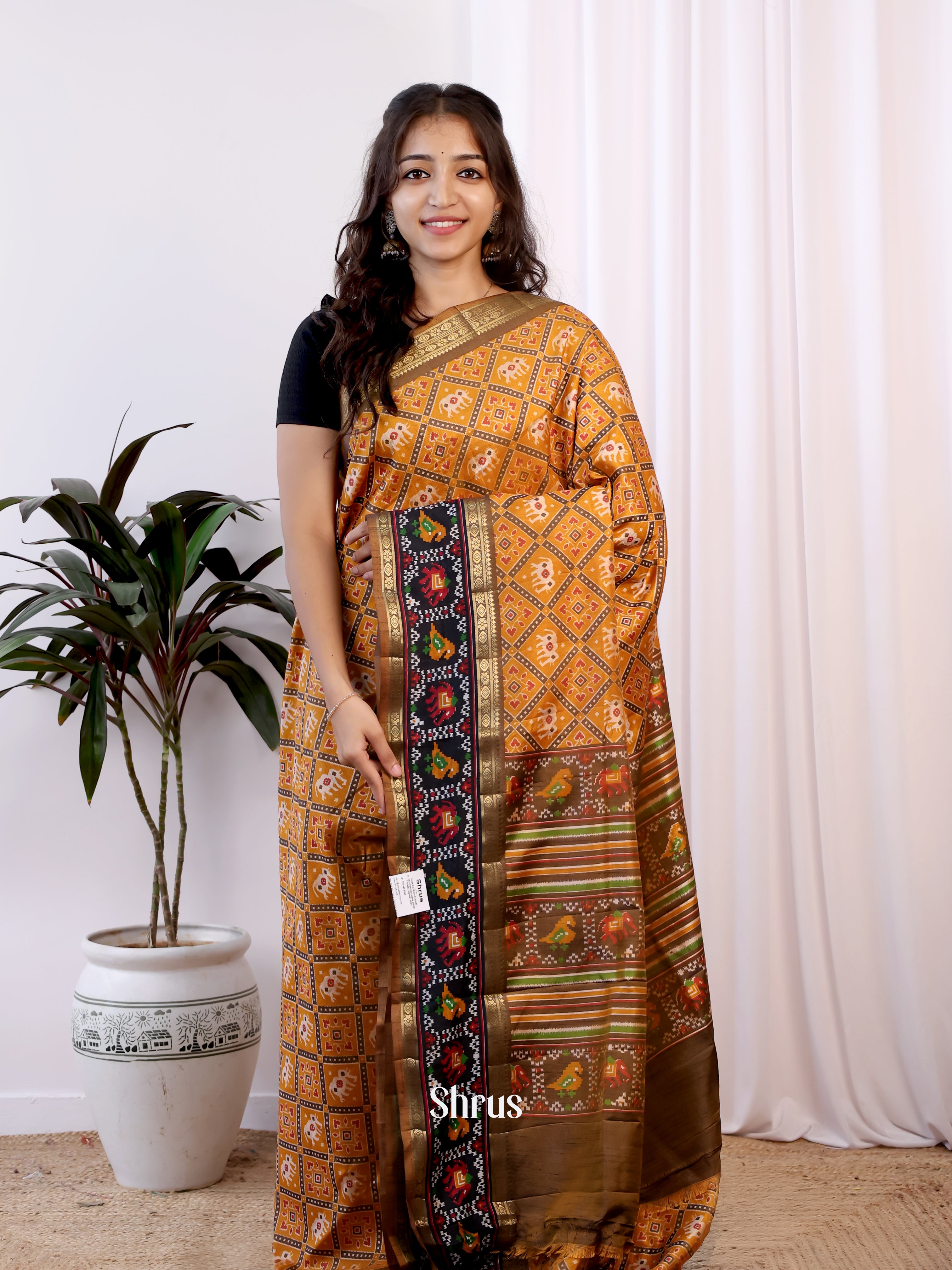 Mustard & Brown - Semi Patola Saree - Shop on Shrus.com