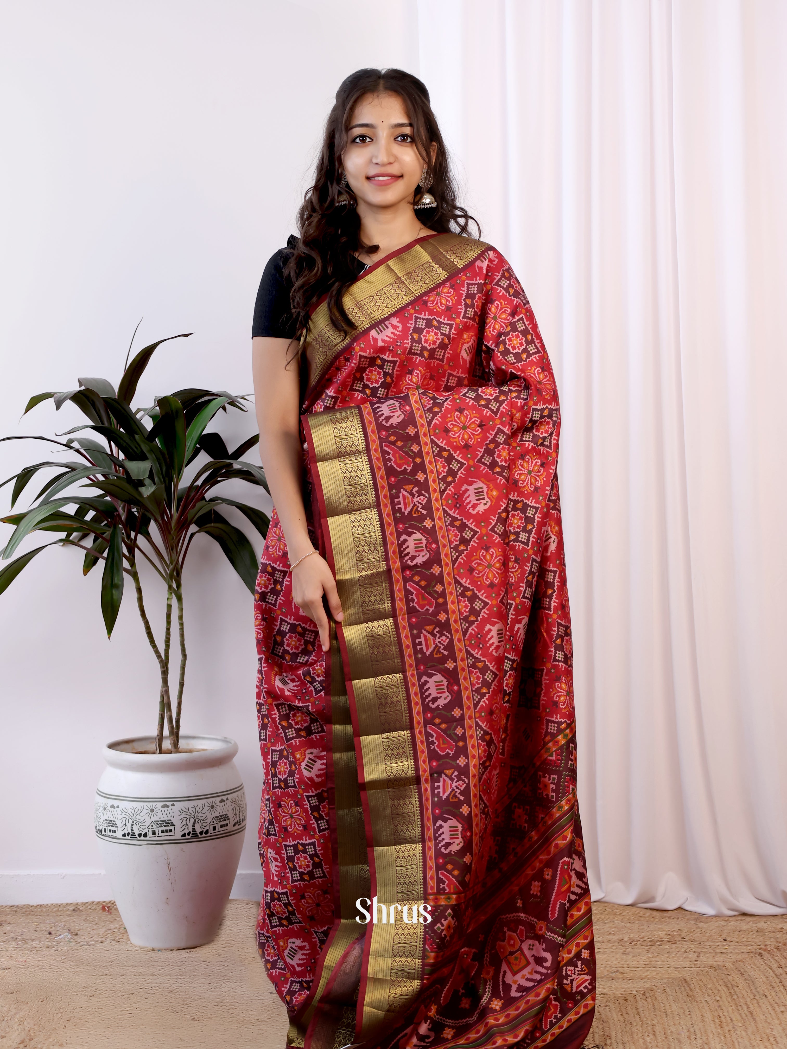 Red & Maroon - Semi Patola Saree - Shop on Shrus.com