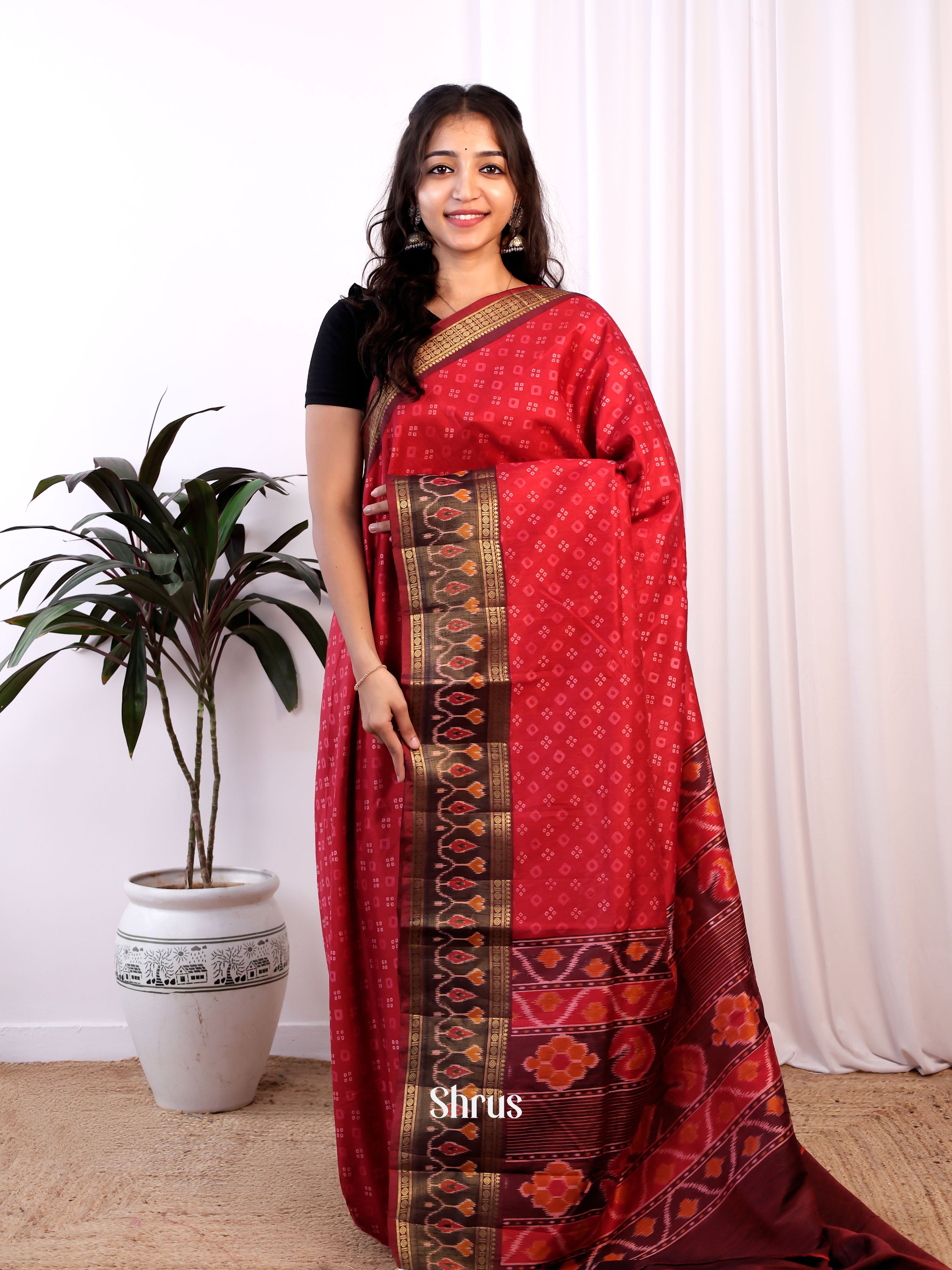 Red & Brown - Semi Patola Saree - Shop on Shrus.com