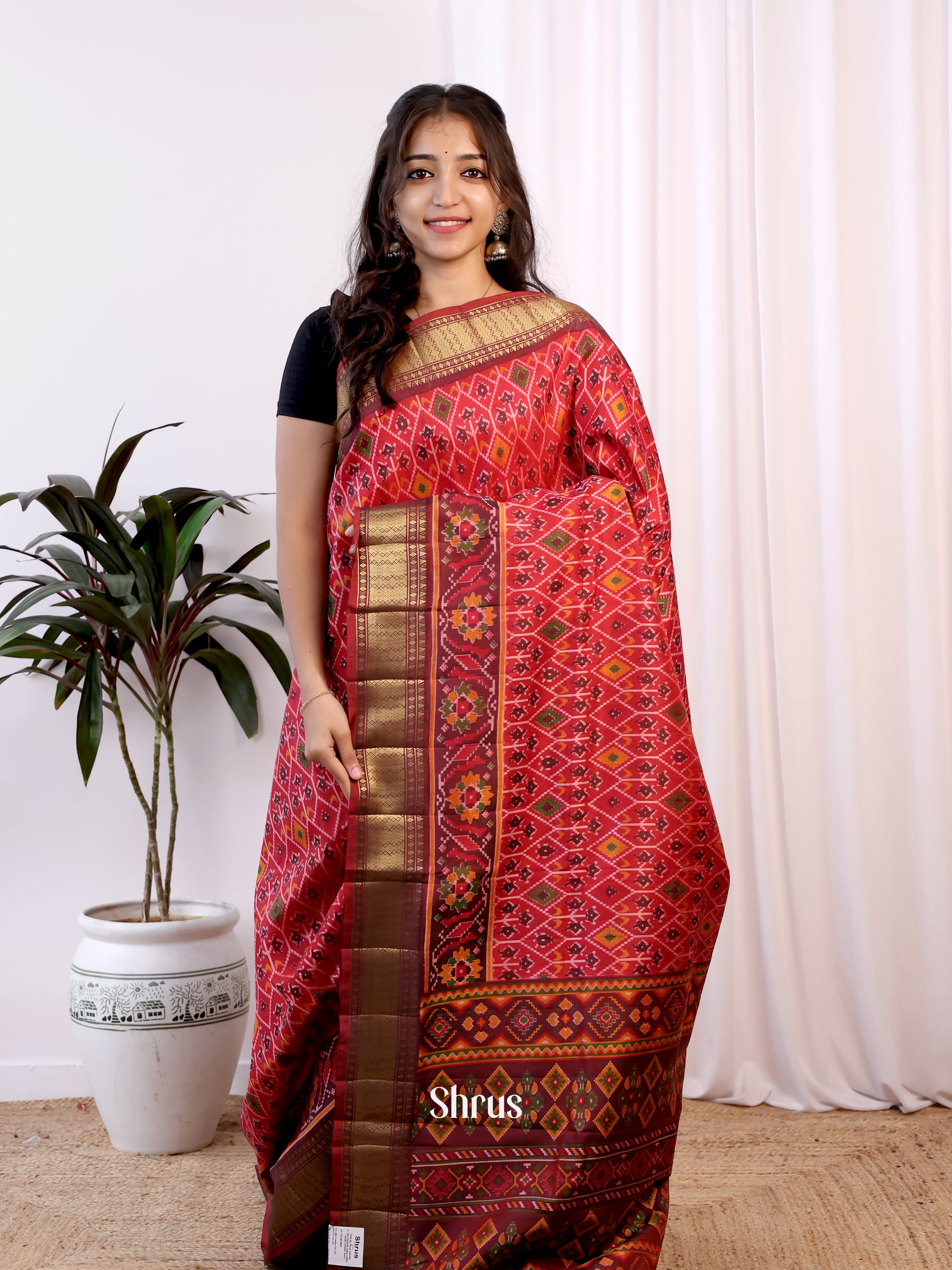 Red & Brown - Semi Patola Saree - Shop on Shrus.com