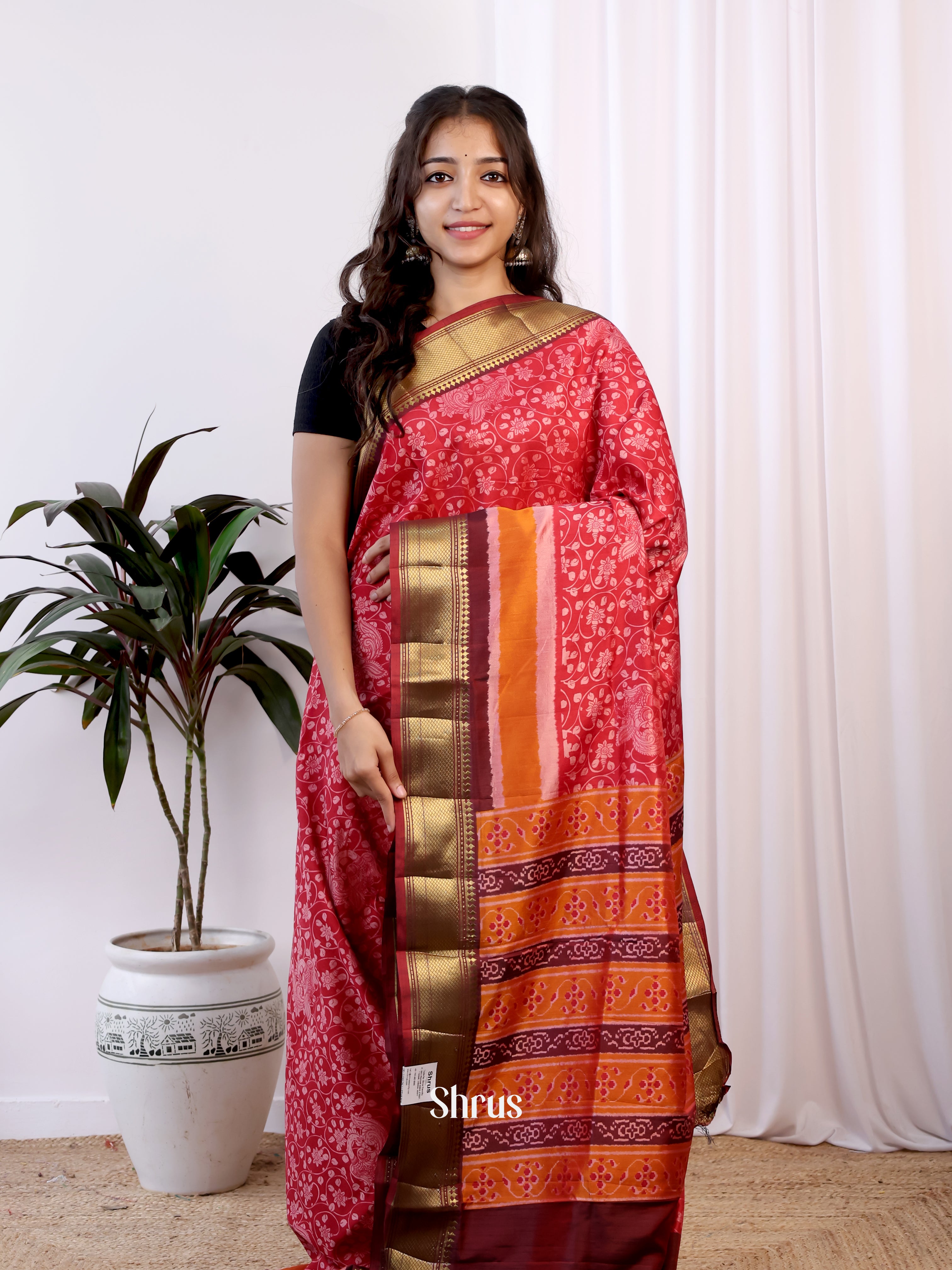 Red & Brown - Semi Patola Saree - Shop on Shrus.com