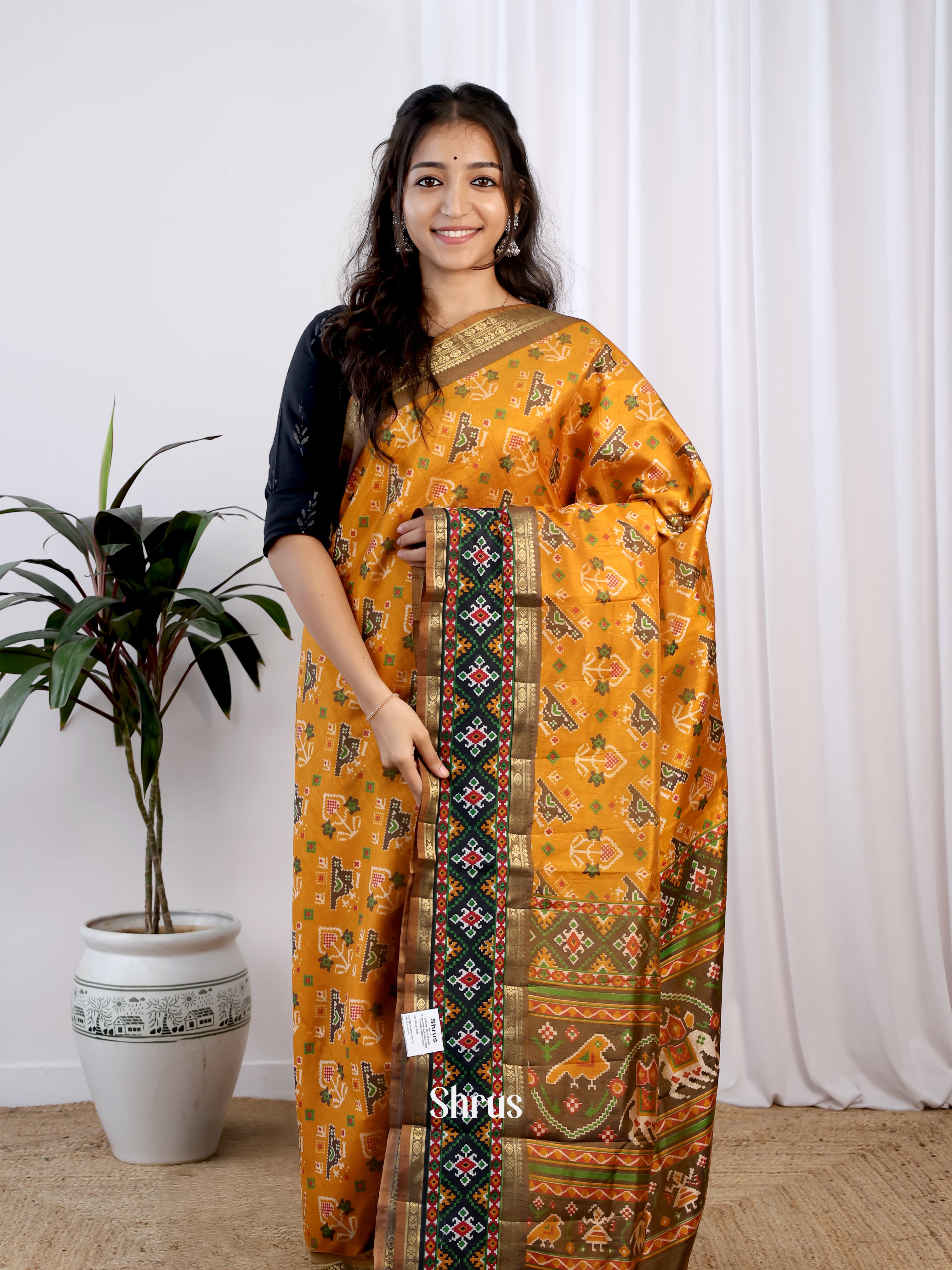 Mustard & Army Green - Semi Patola Saree - Shop on Shrus.com