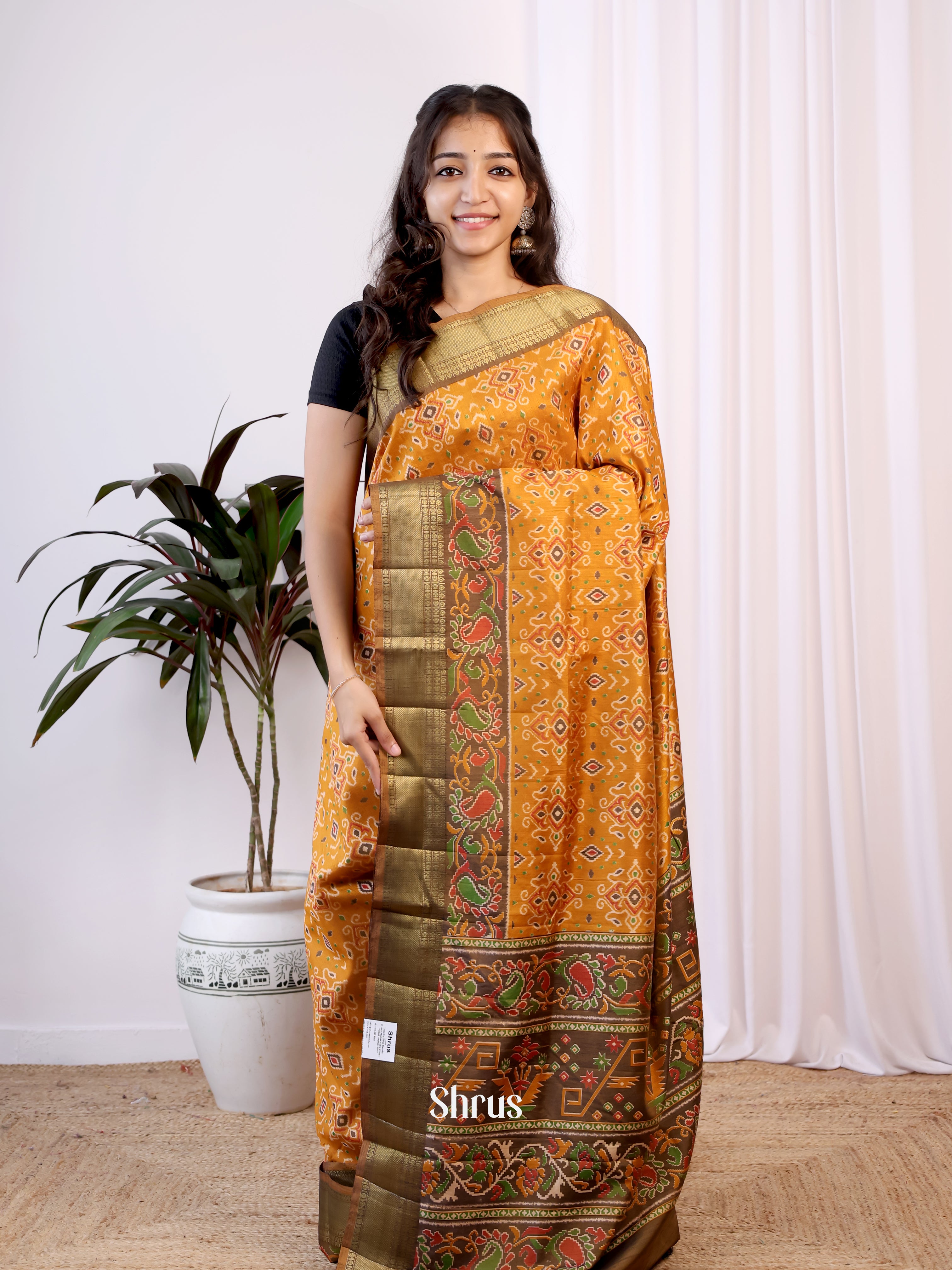 Mustard & brown - Semi Patola Saree - Shop on Shrus.com