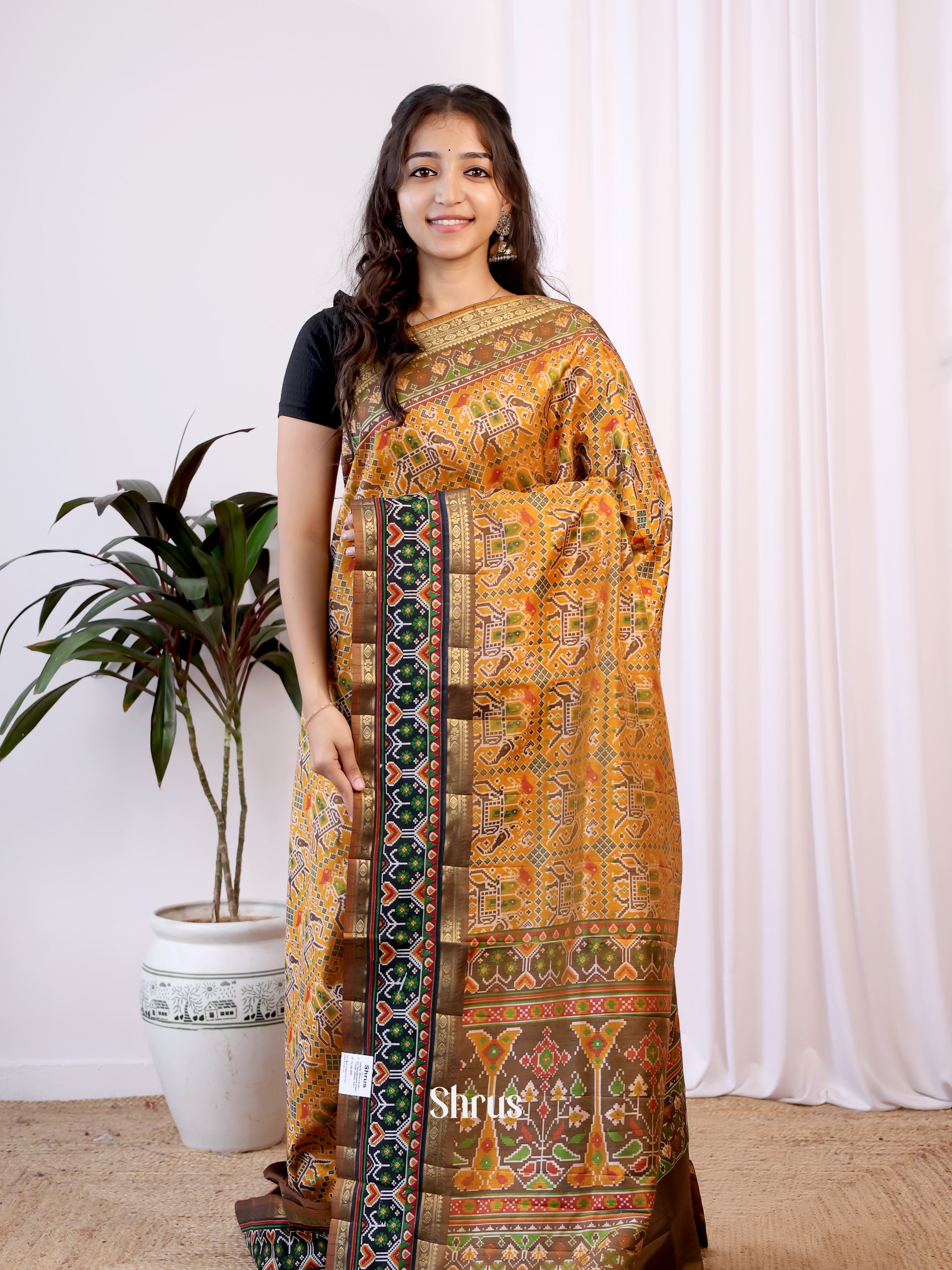 Mustard & Brown- Semi Patola Saree - Shop on Shrus.com
