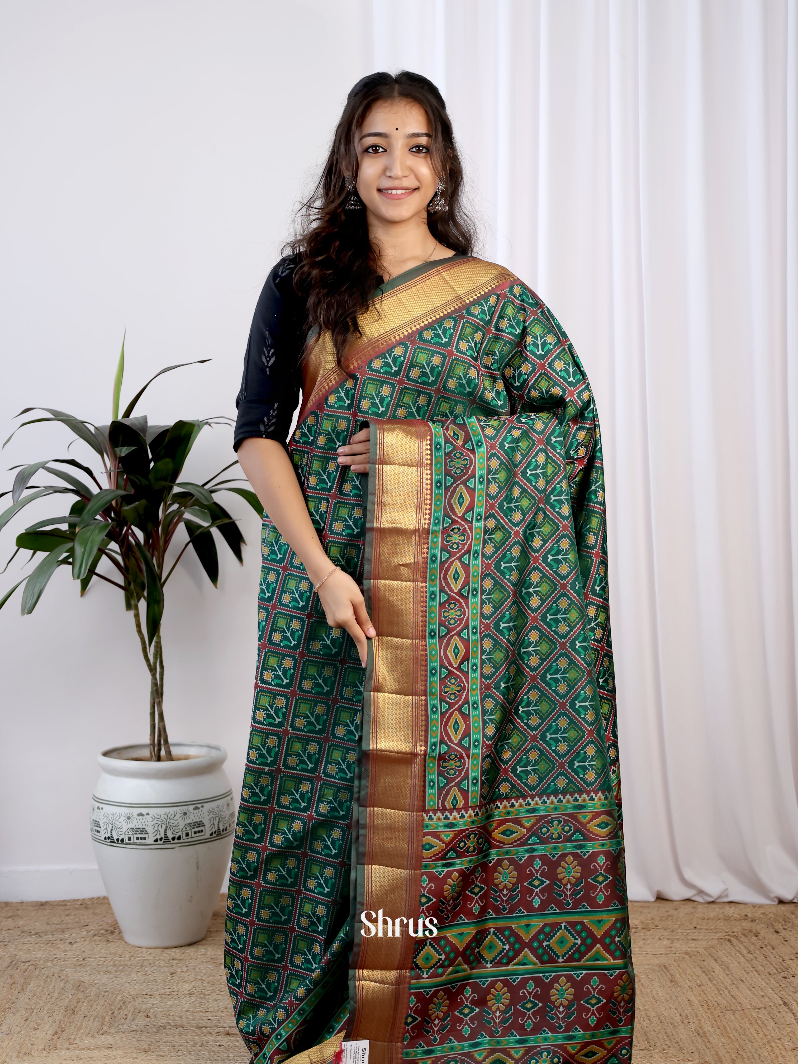 Green & Brown- Semi Patola Saree - Shop on Shrus.com