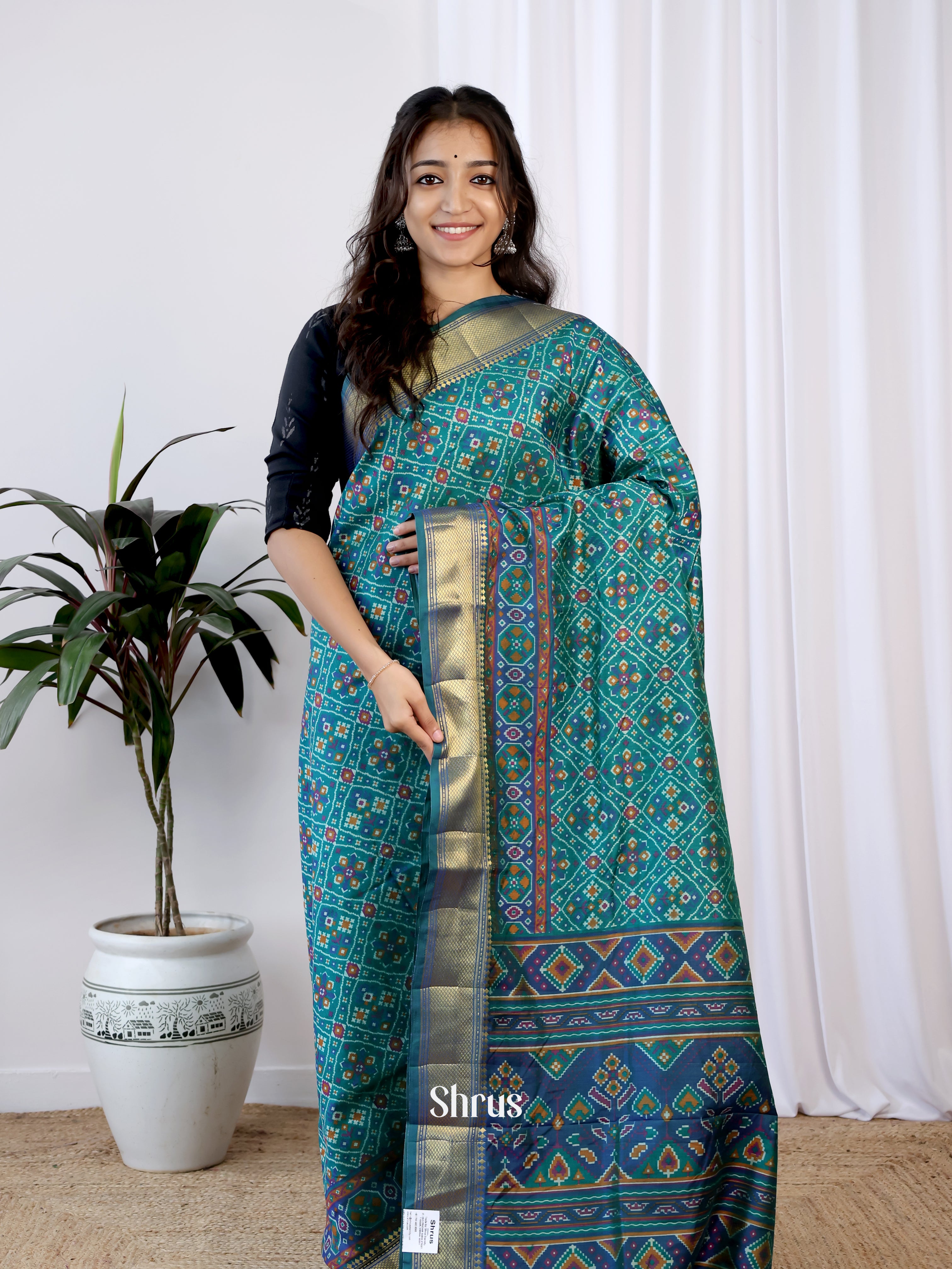 Green & Blue- Semi Patola Saree - Shop on Shrus.com