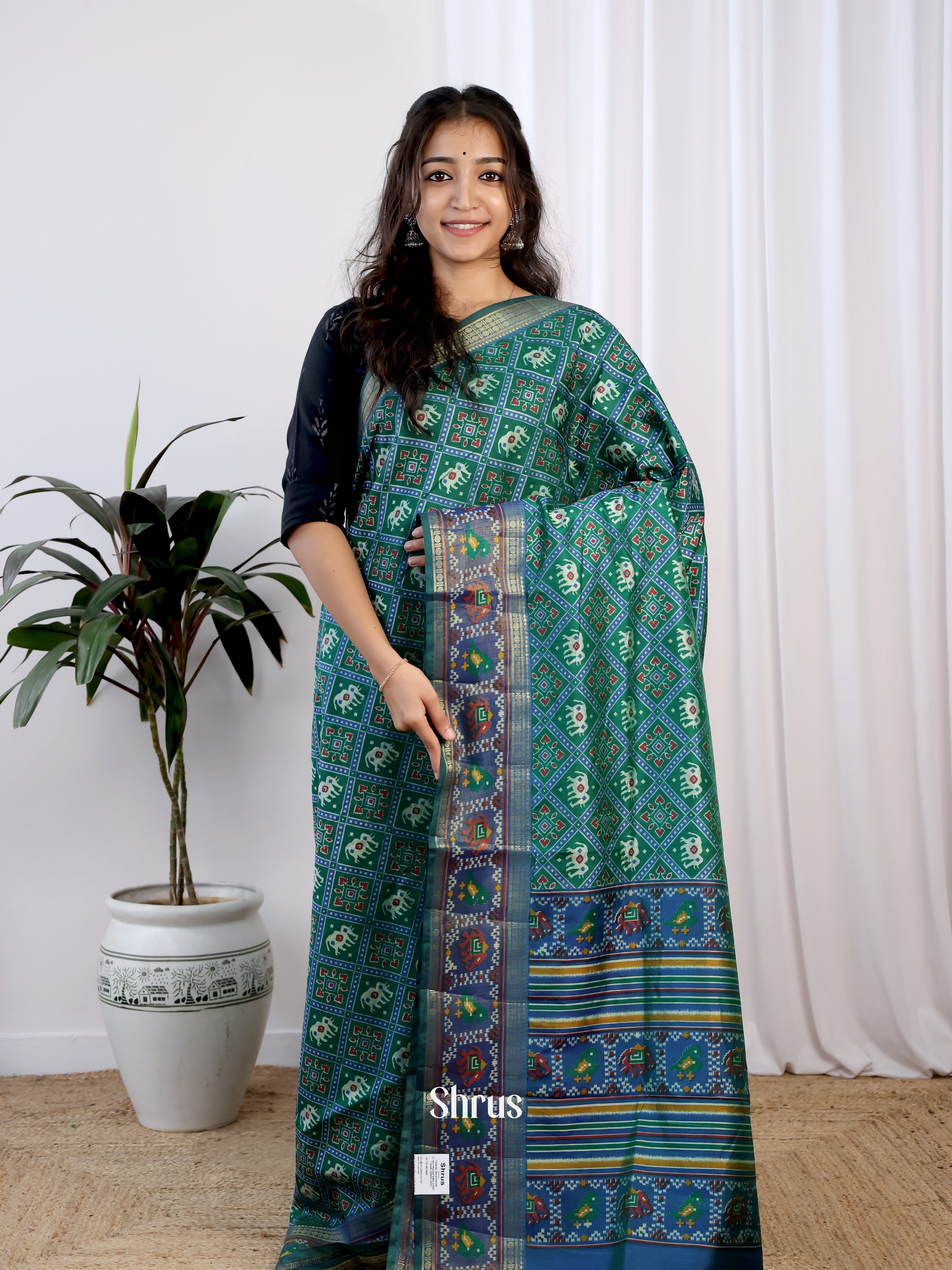 Green & Blue- Semi Patola Saree - Shop on Shrus.com