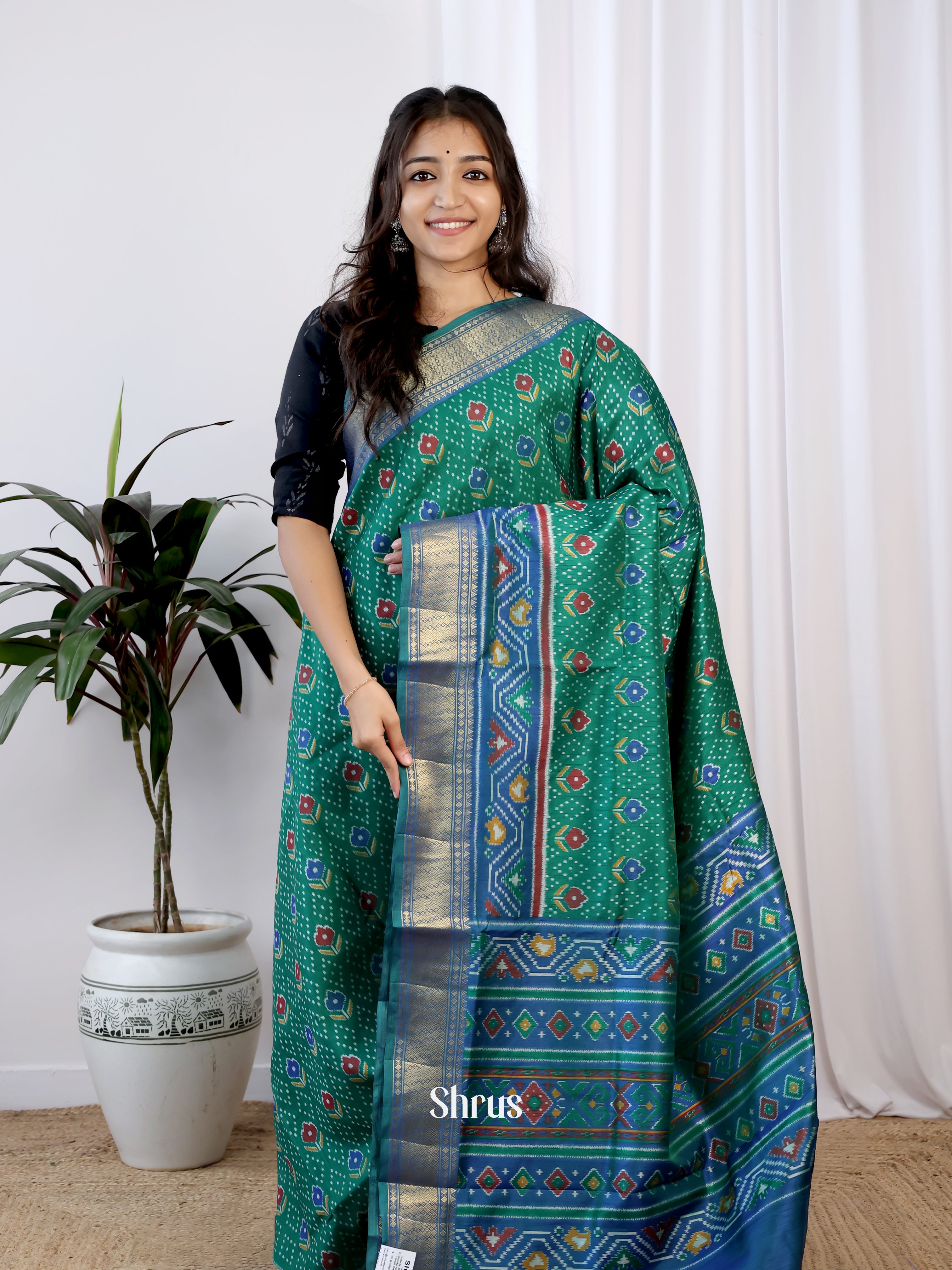 Green & Blue - Semi Patola Saree - Shop on Shrus.com