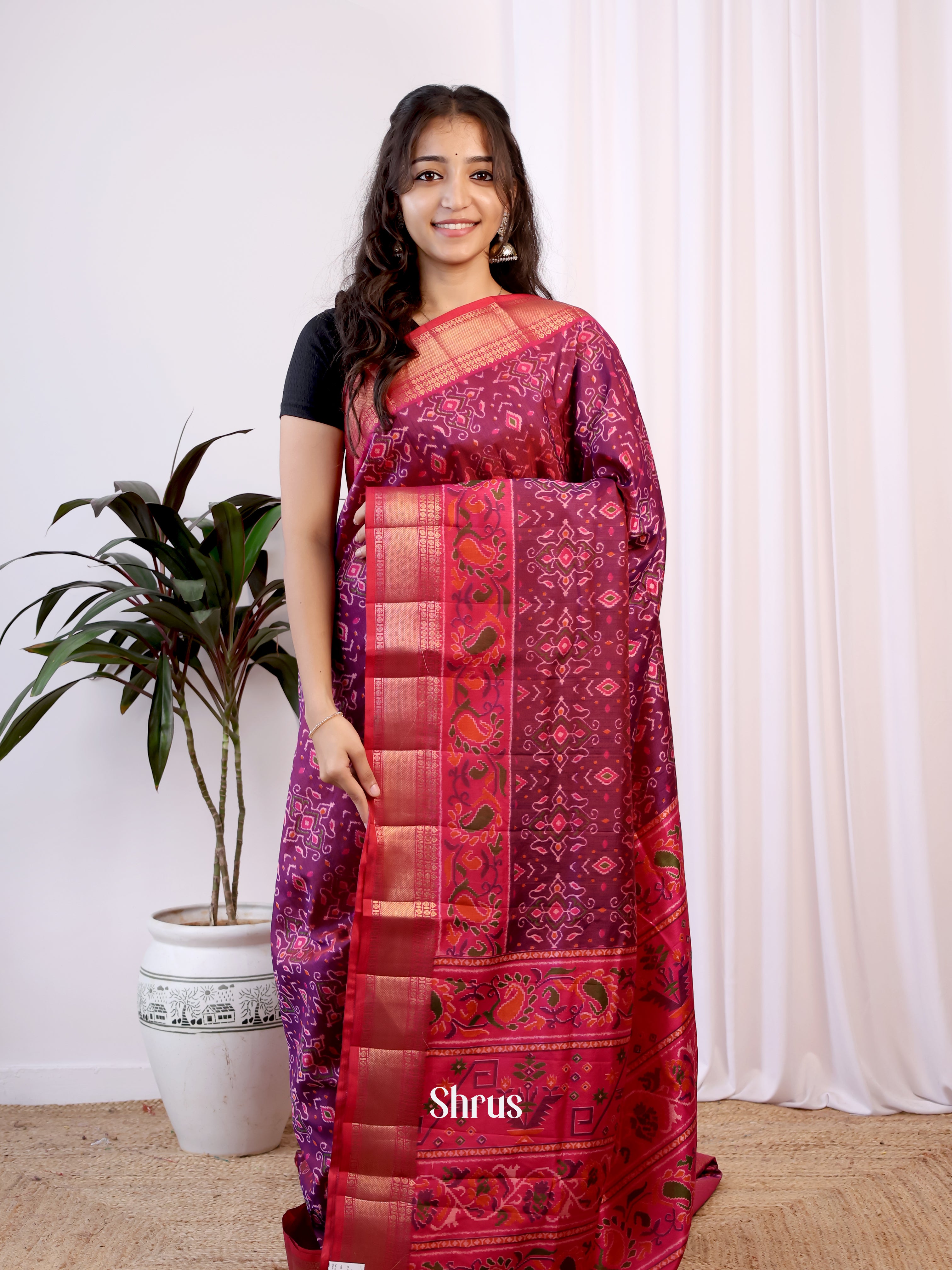 Purple & Pink- Semi Patola Saree - Shop on Shrus.com