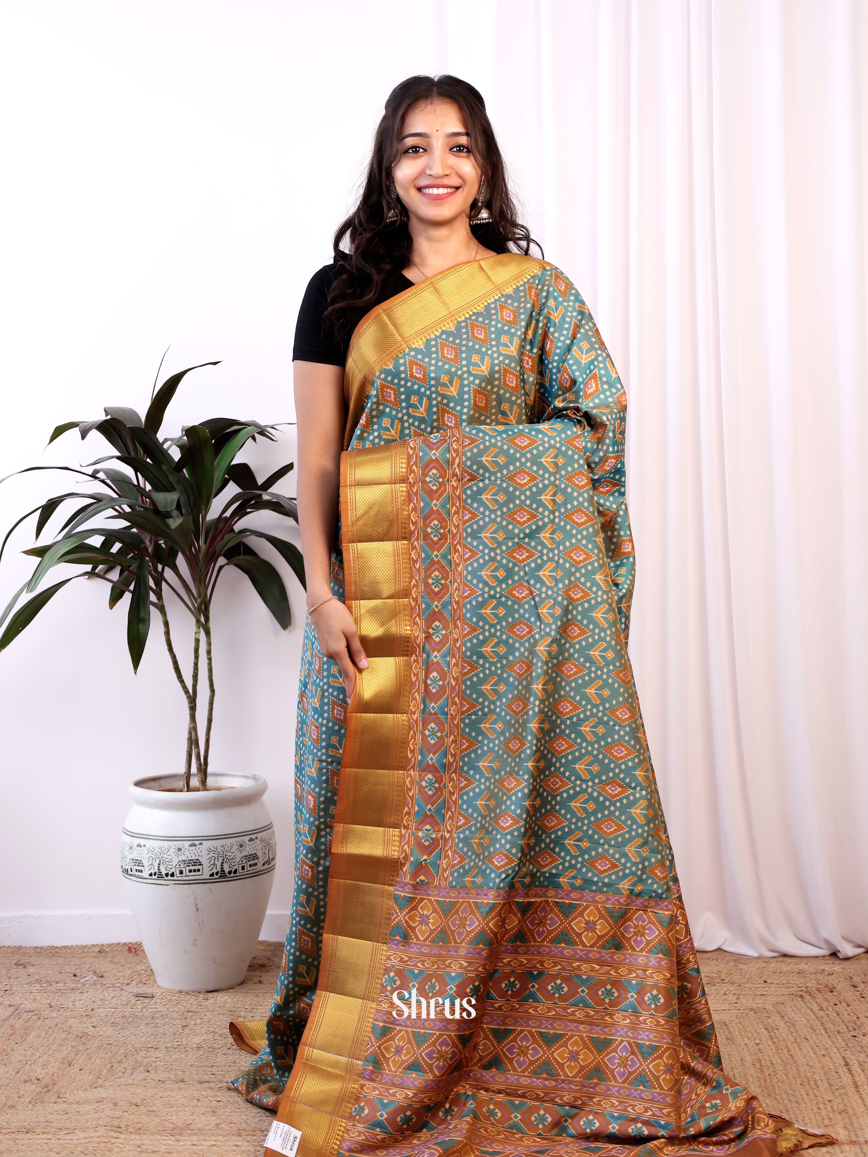 Green & Brown - Semi Patola Saree - Shop on Shrus.com