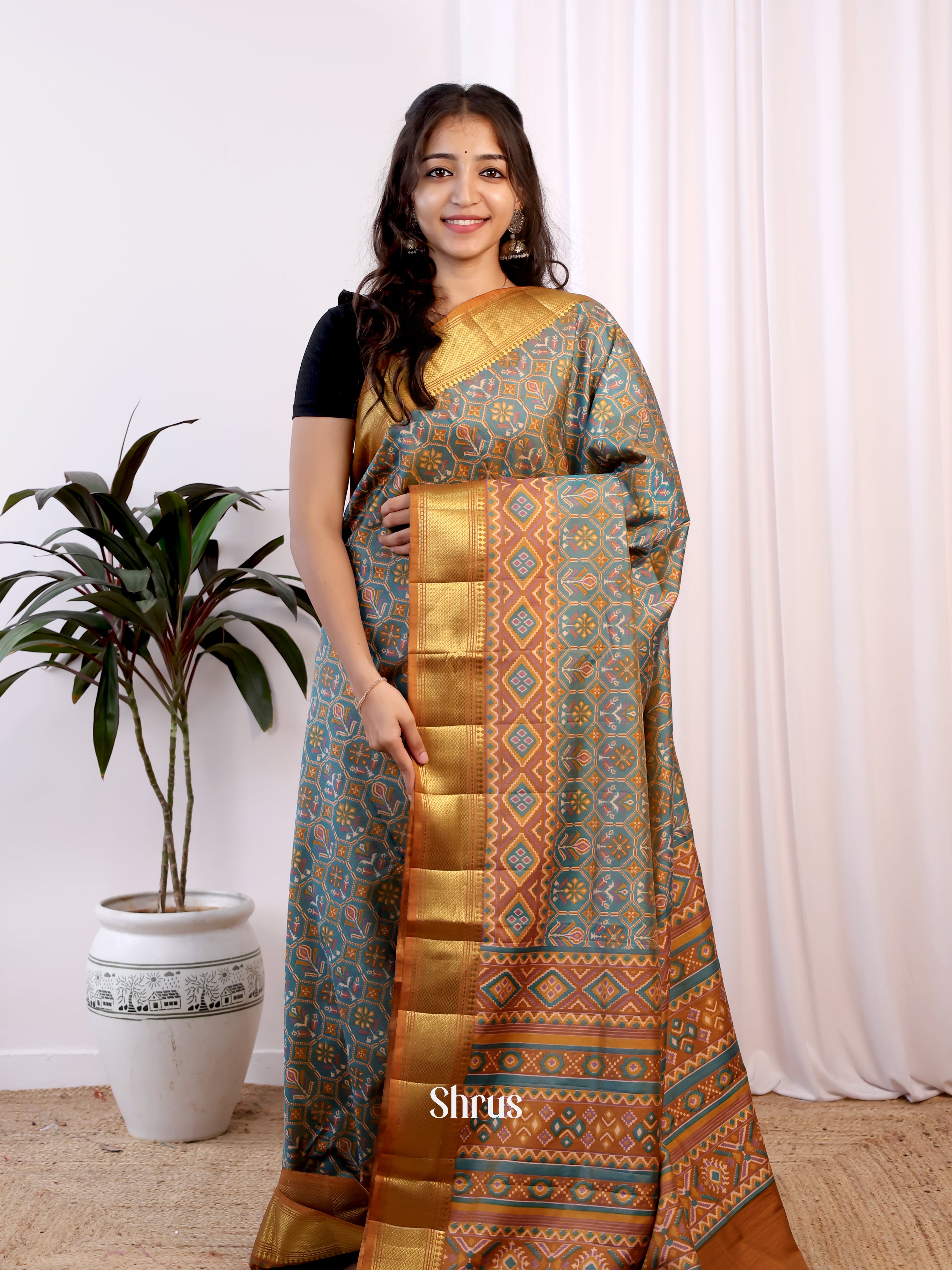 Blue & Brown - Semi Patola Saree - Shop on Shrus.com