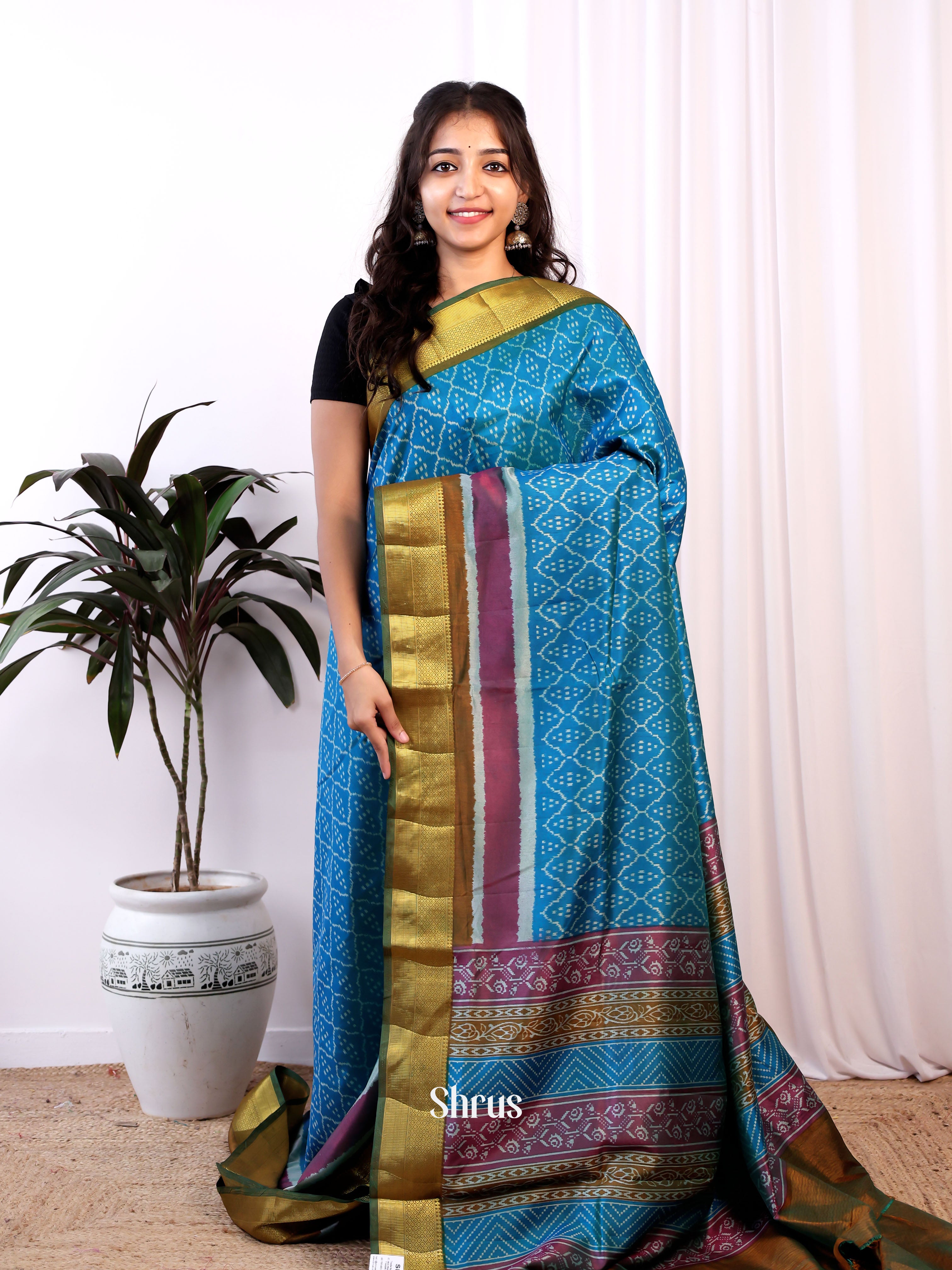 Blue & Green - Semi Patola Saree - Shop on Shrus.com