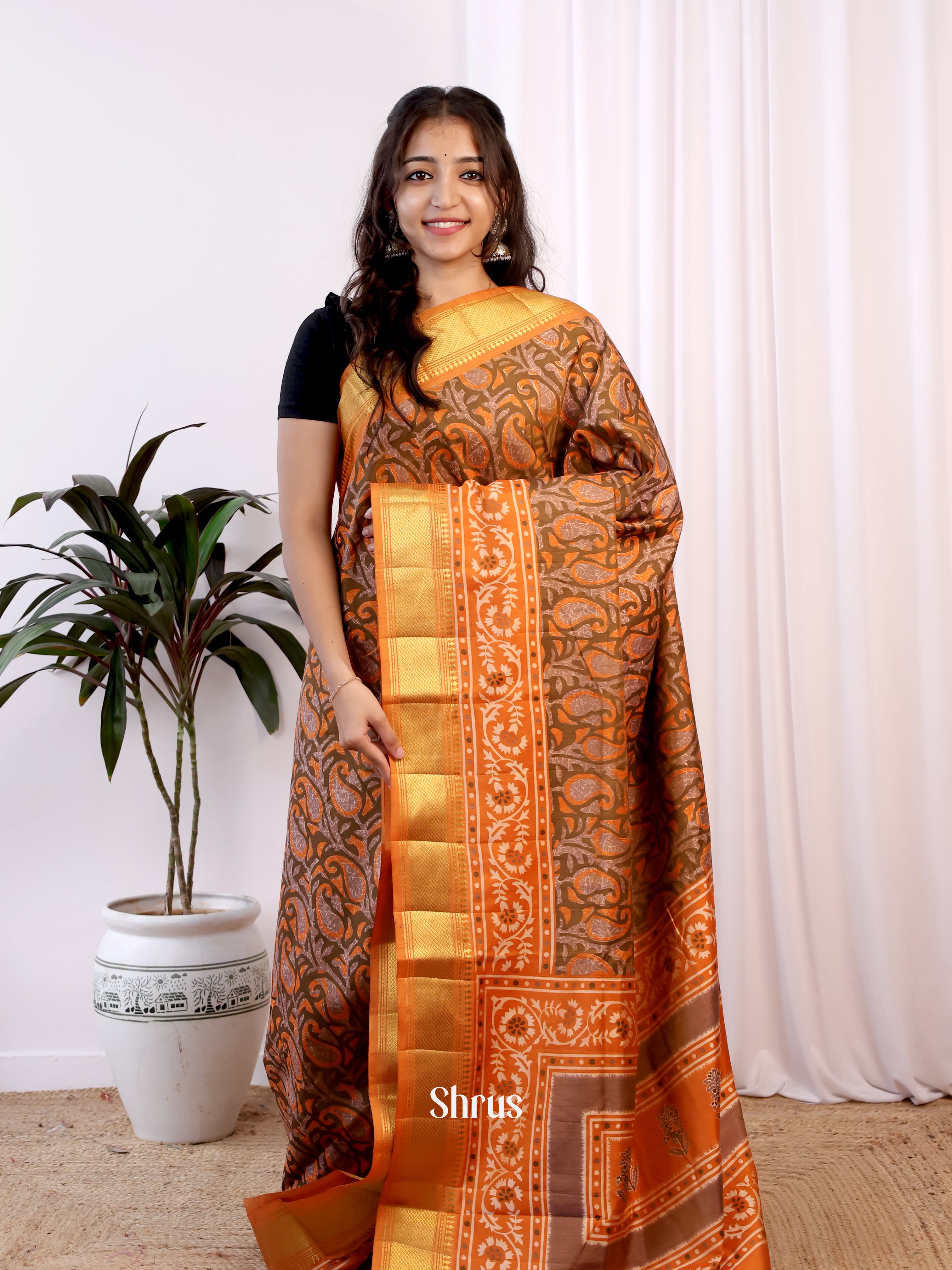 Brown & Orange - Semi Patola Saree - Shop on Shrus.com