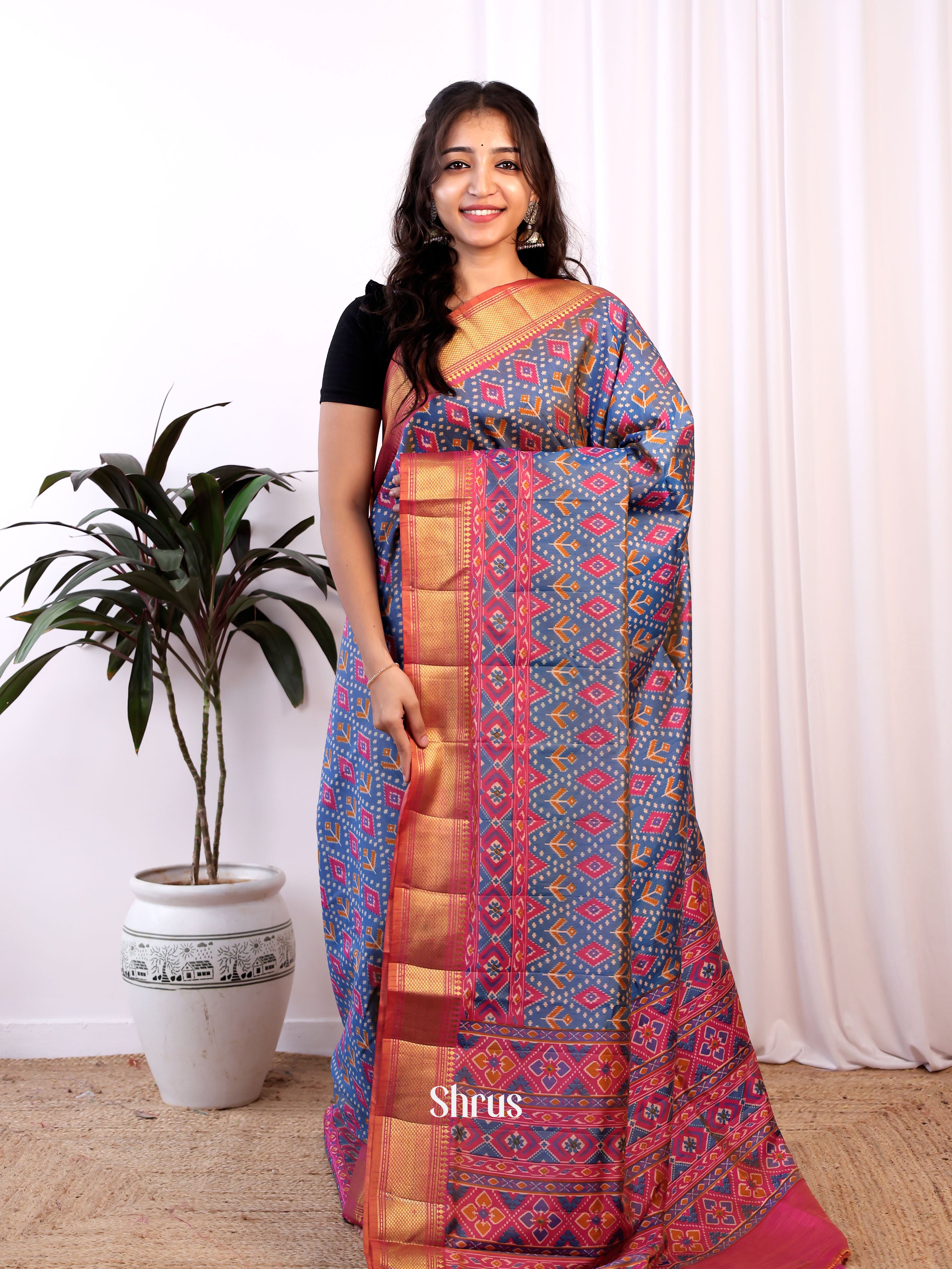 Blue & Pink- Semi Patola Saree - Shop on Shrus.com