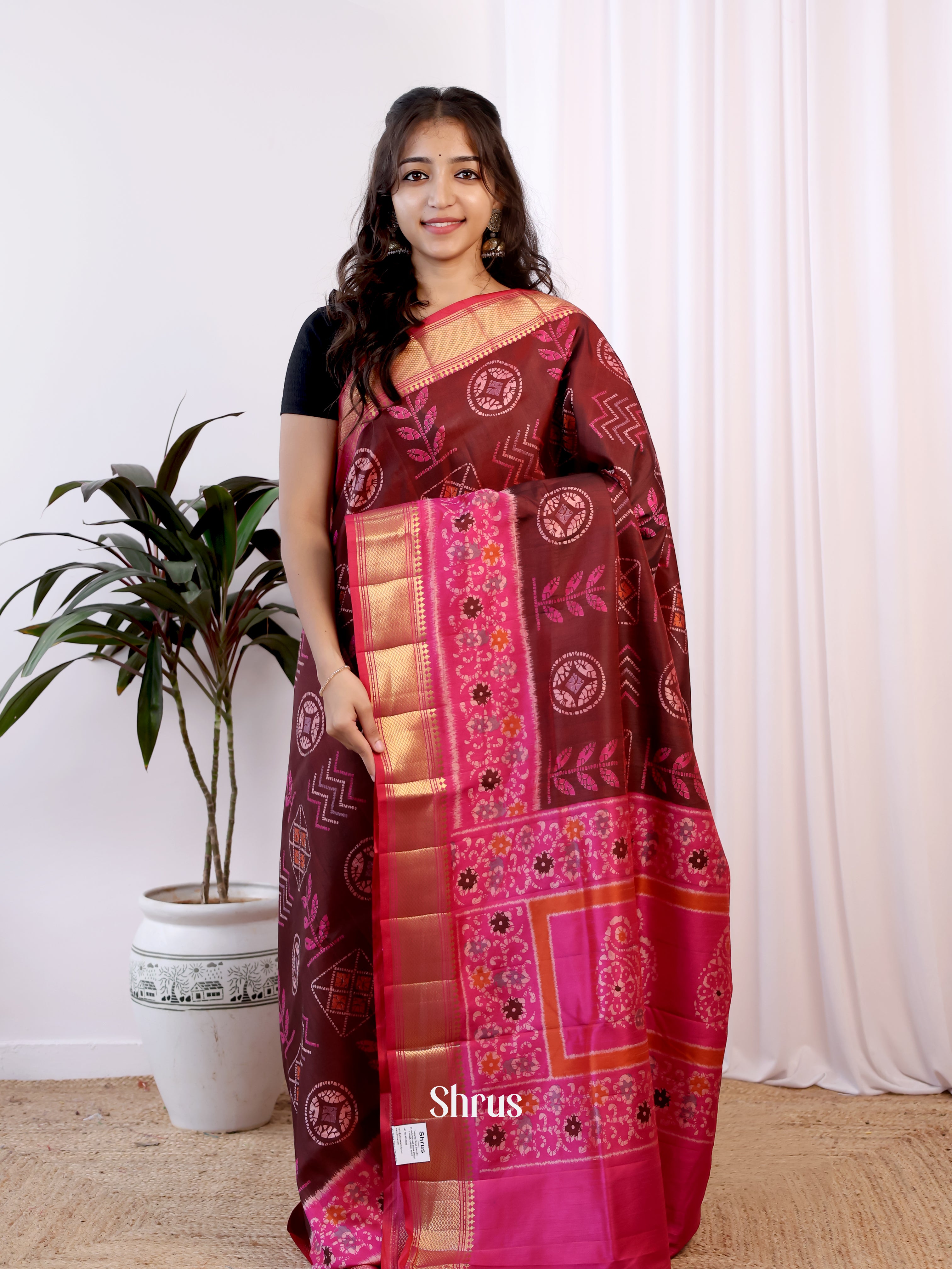 Brown & Pink - Semi Patola Saree - Shop on Shrus.com