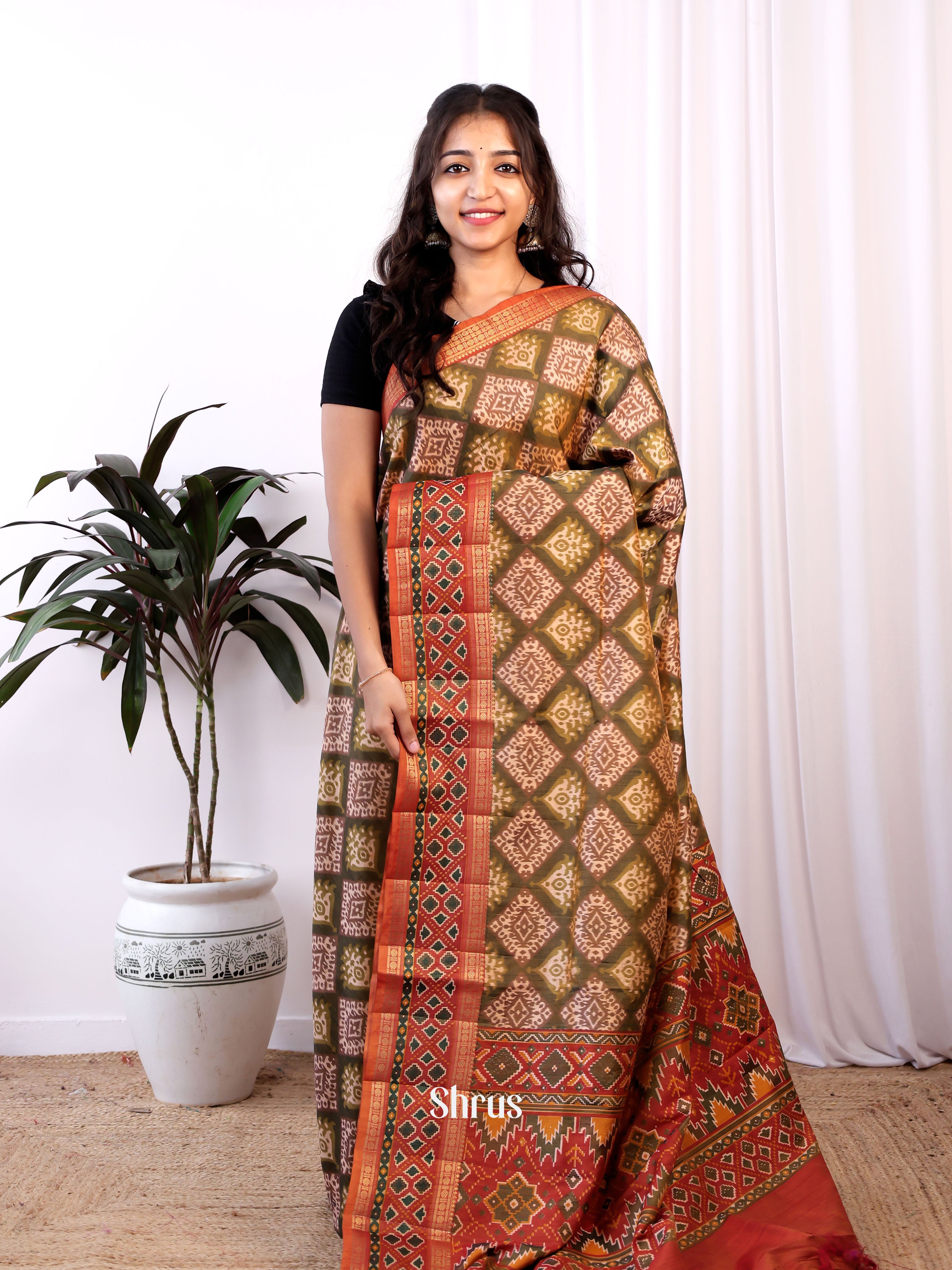 Green & Brick - Semi Patola Saree - Shop on Shrus.com