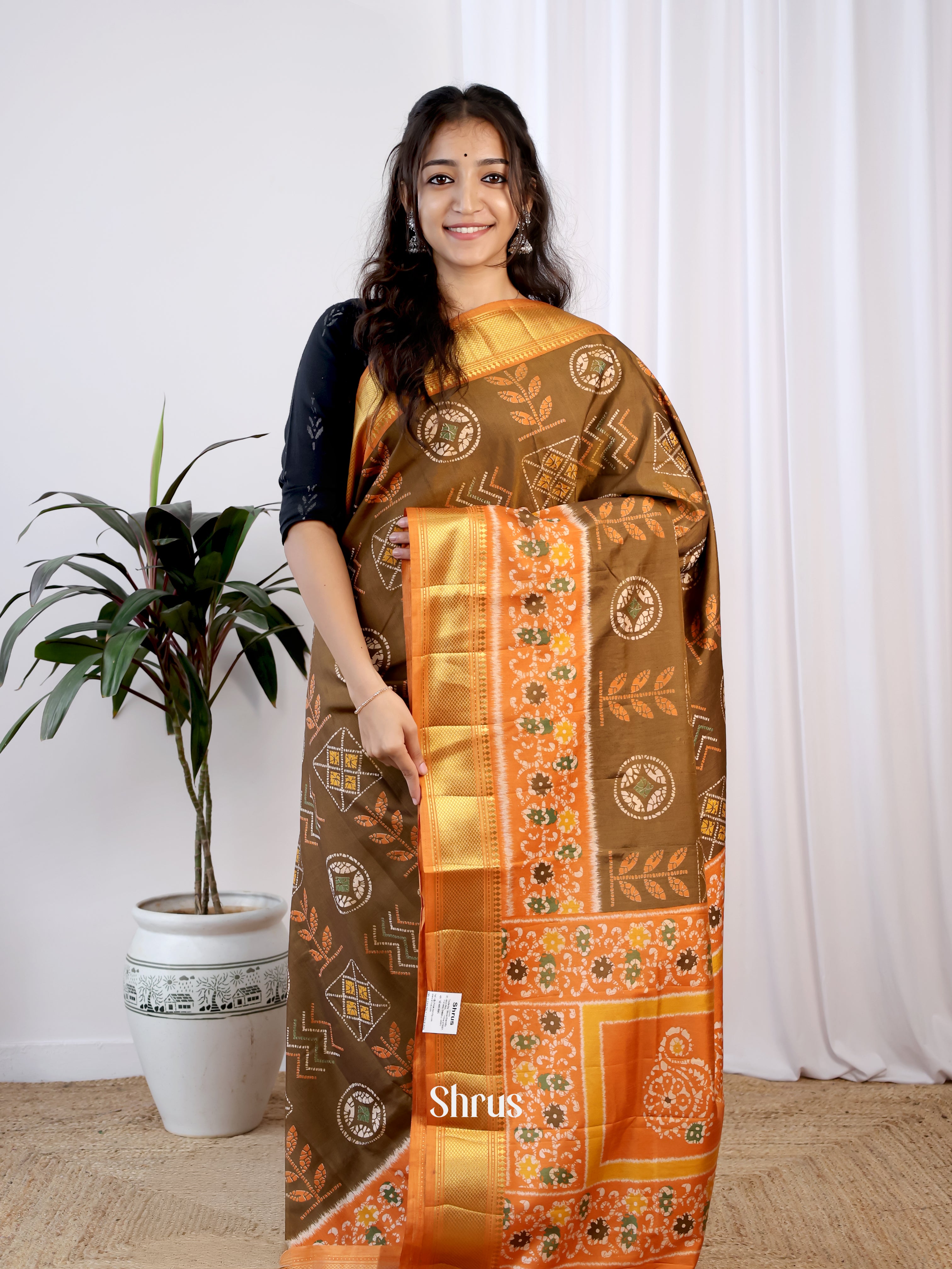 Brown & Orange - Semi Patola Saree - Shop on Shrus.com