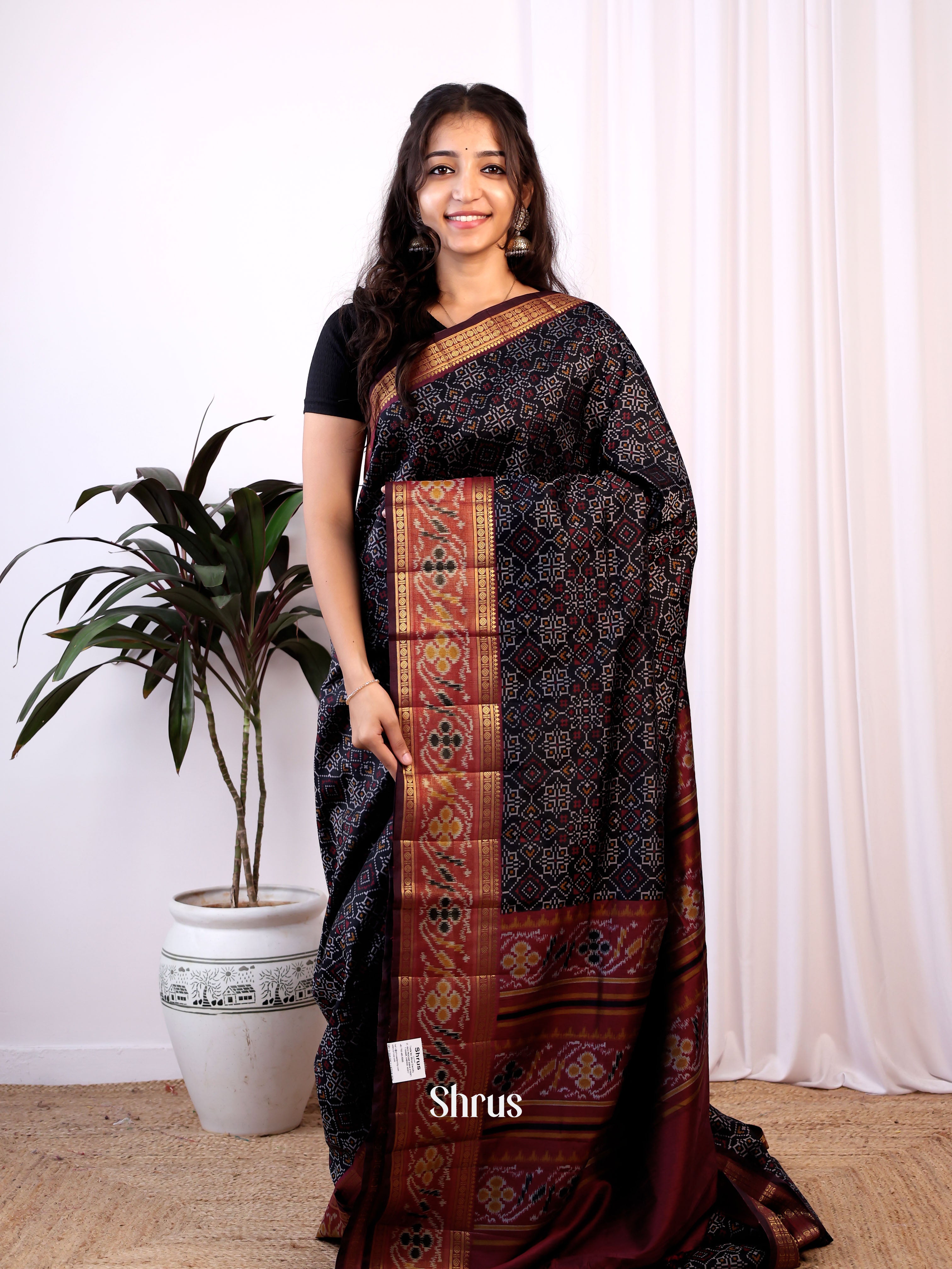 Black & Maroon - Semi Patola Saree - Shop on Shrus.com