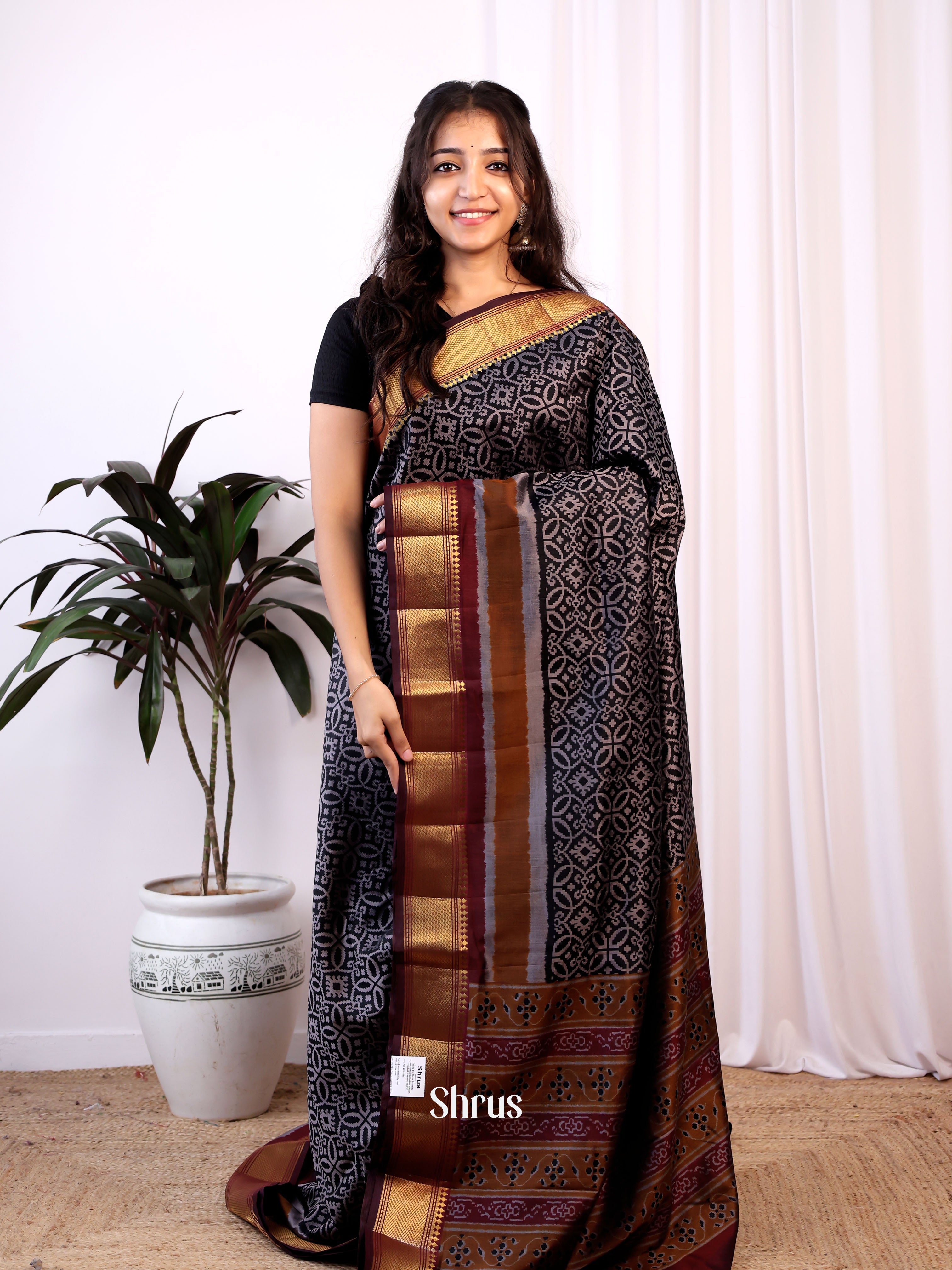 Black & Maroon- Semi Patola Saree - Shop on Shrus.com