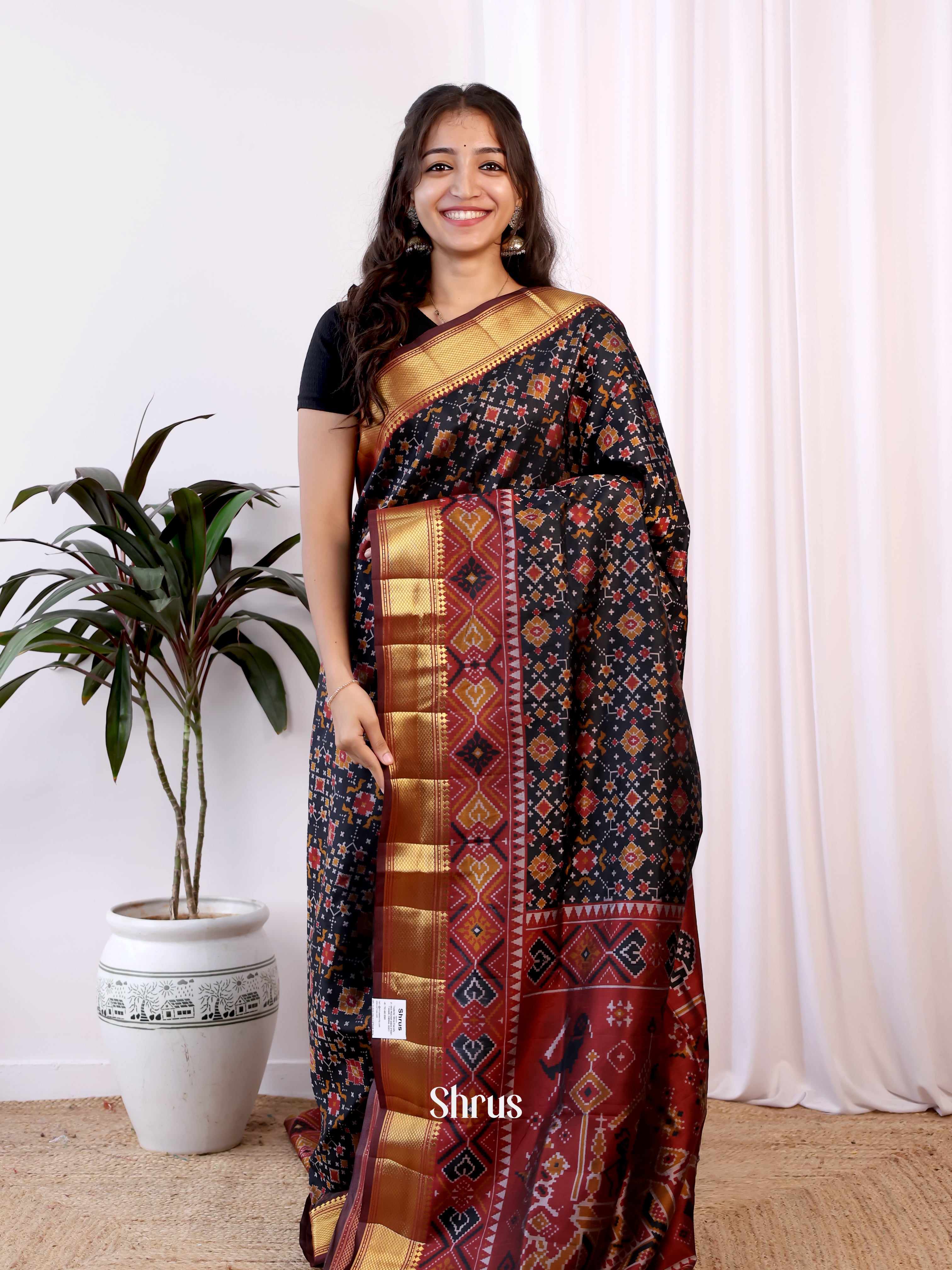 Black & Maroon - Semi Patola Saree - Shop on Shrus.com