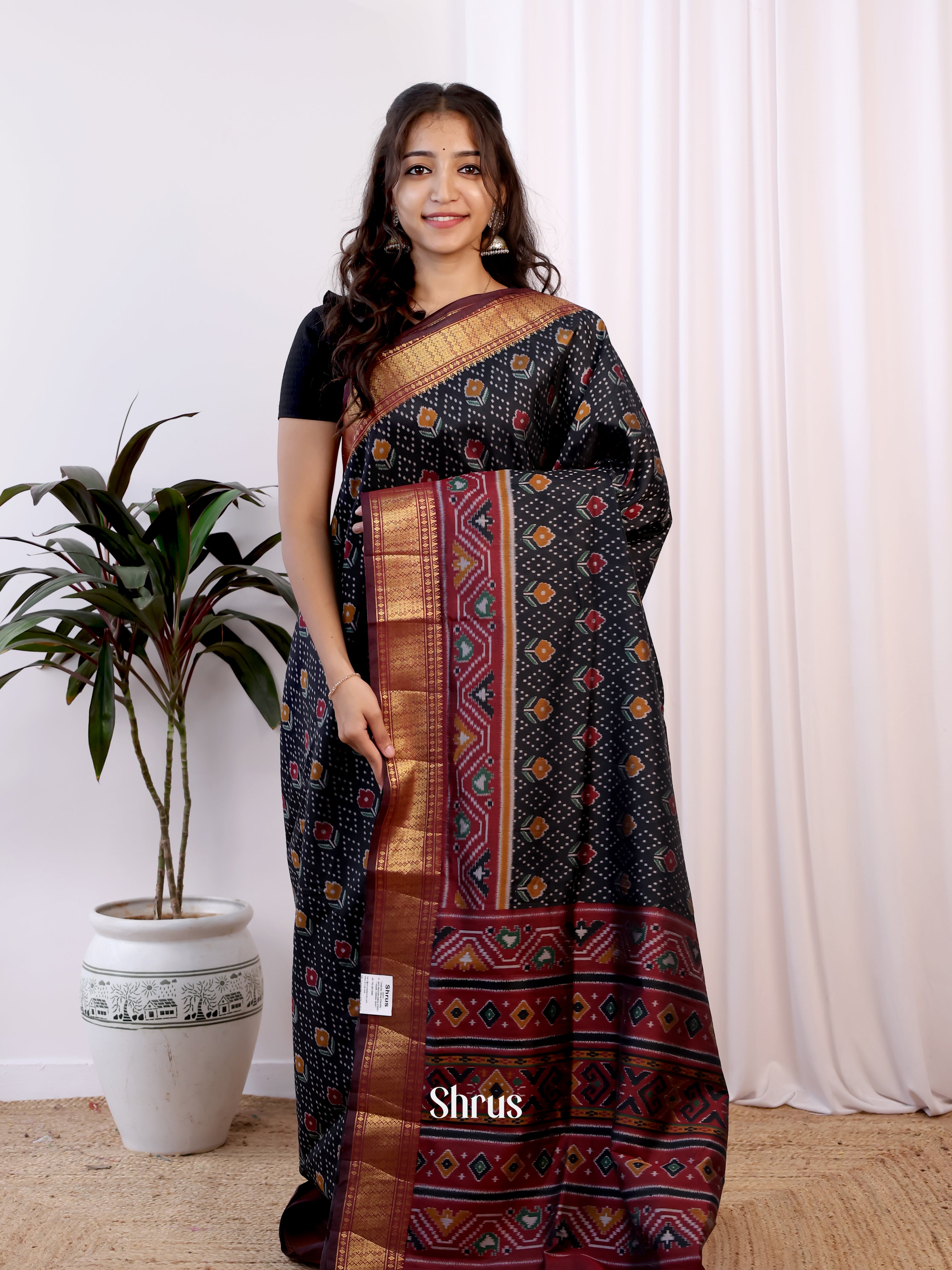 Black & Maroon- Semi Patola Saree - Shop on Shrus.com