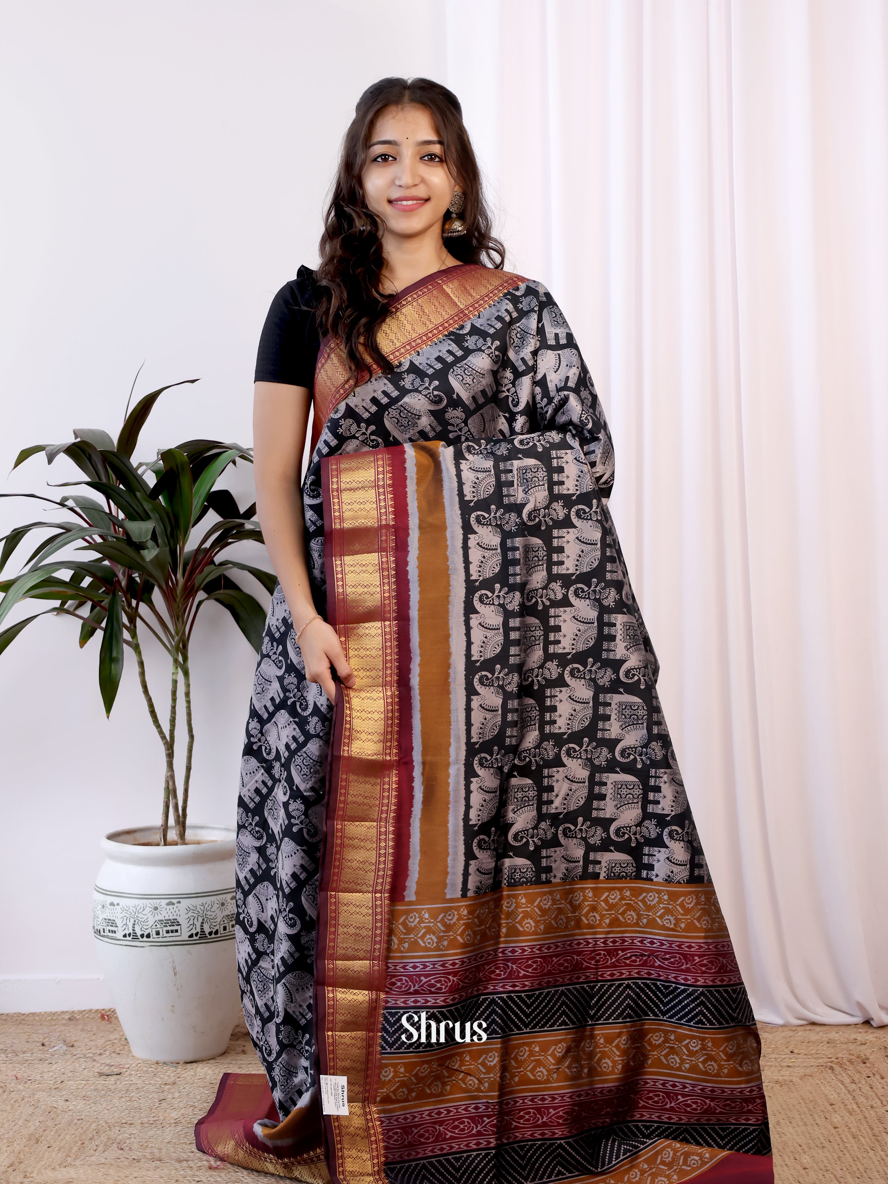 Black & Maroon - Semi Patola Saree - Shop on Shrus.com