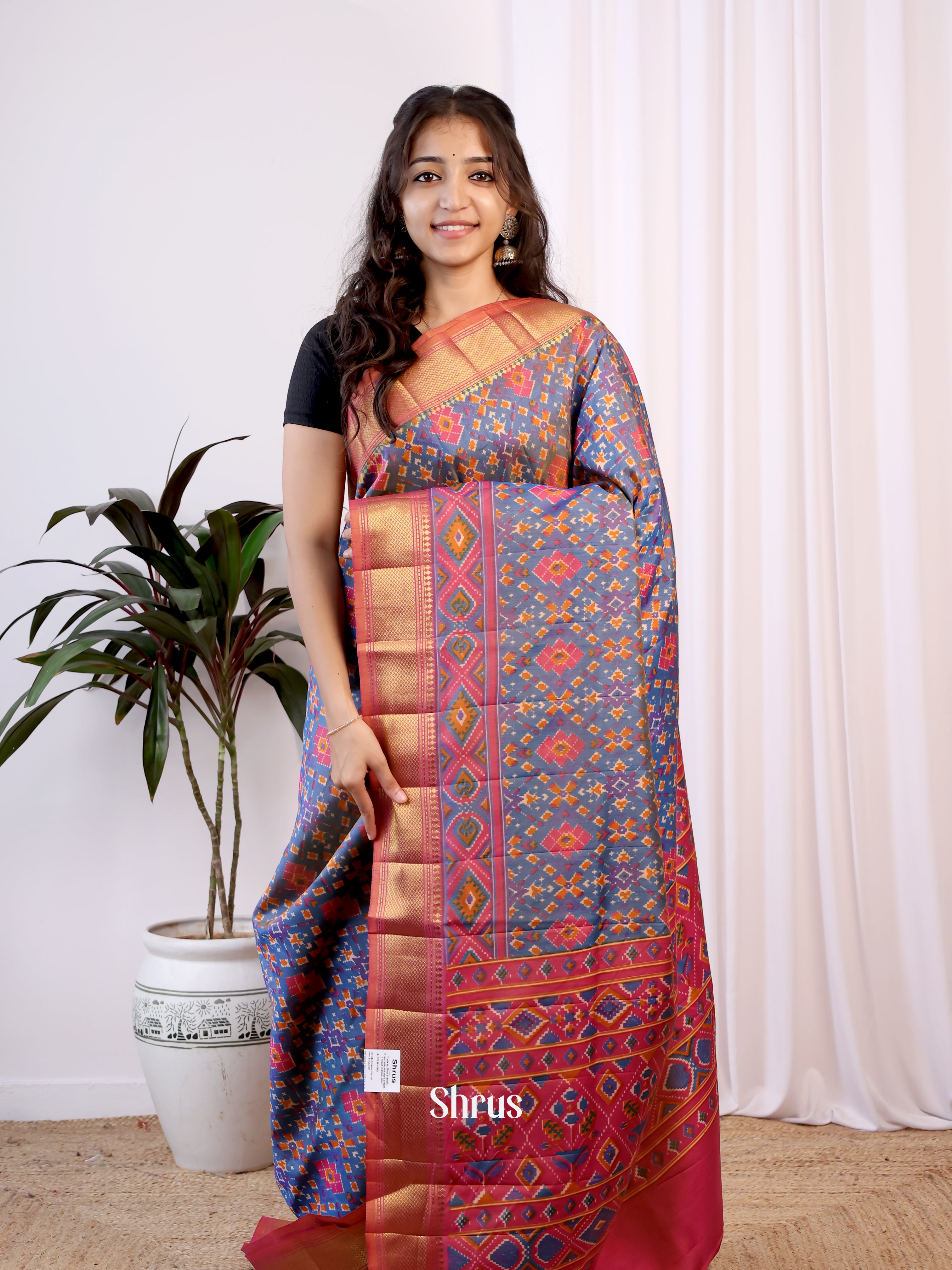Blue & Pink - Semi Patola Saree - Shop on Shrus.com