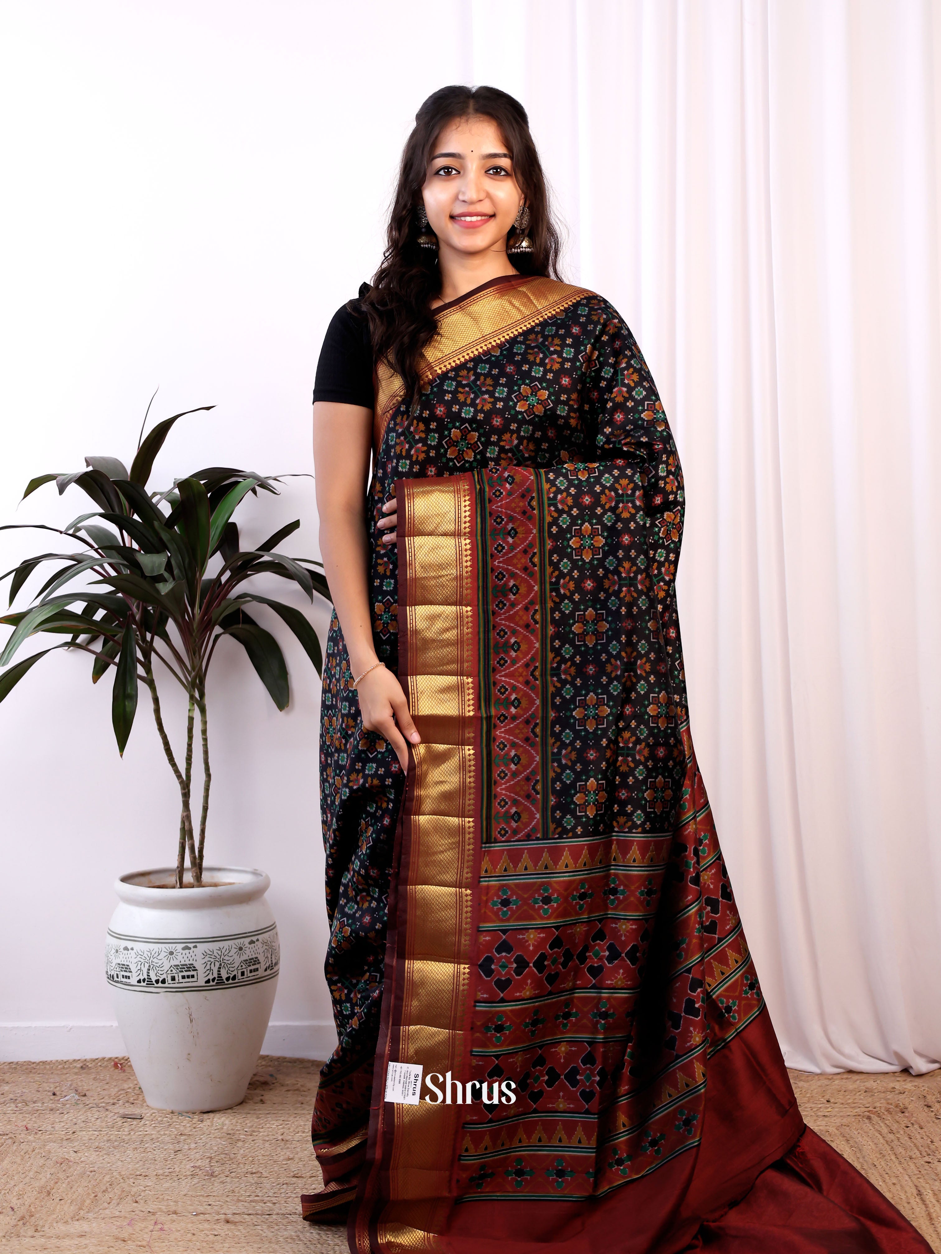 Black & Maroon - Semi Patola Saree - Shop on Shrus.com