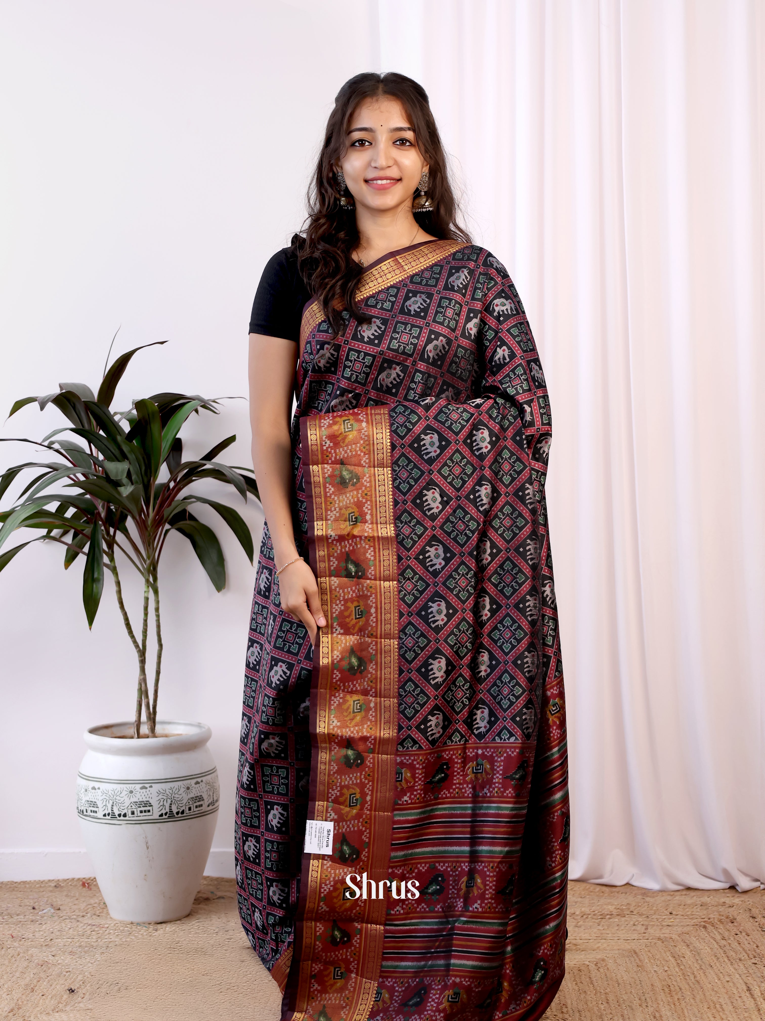 Black & Maroon- Semi Patola Saree - Shop on Shrus.com