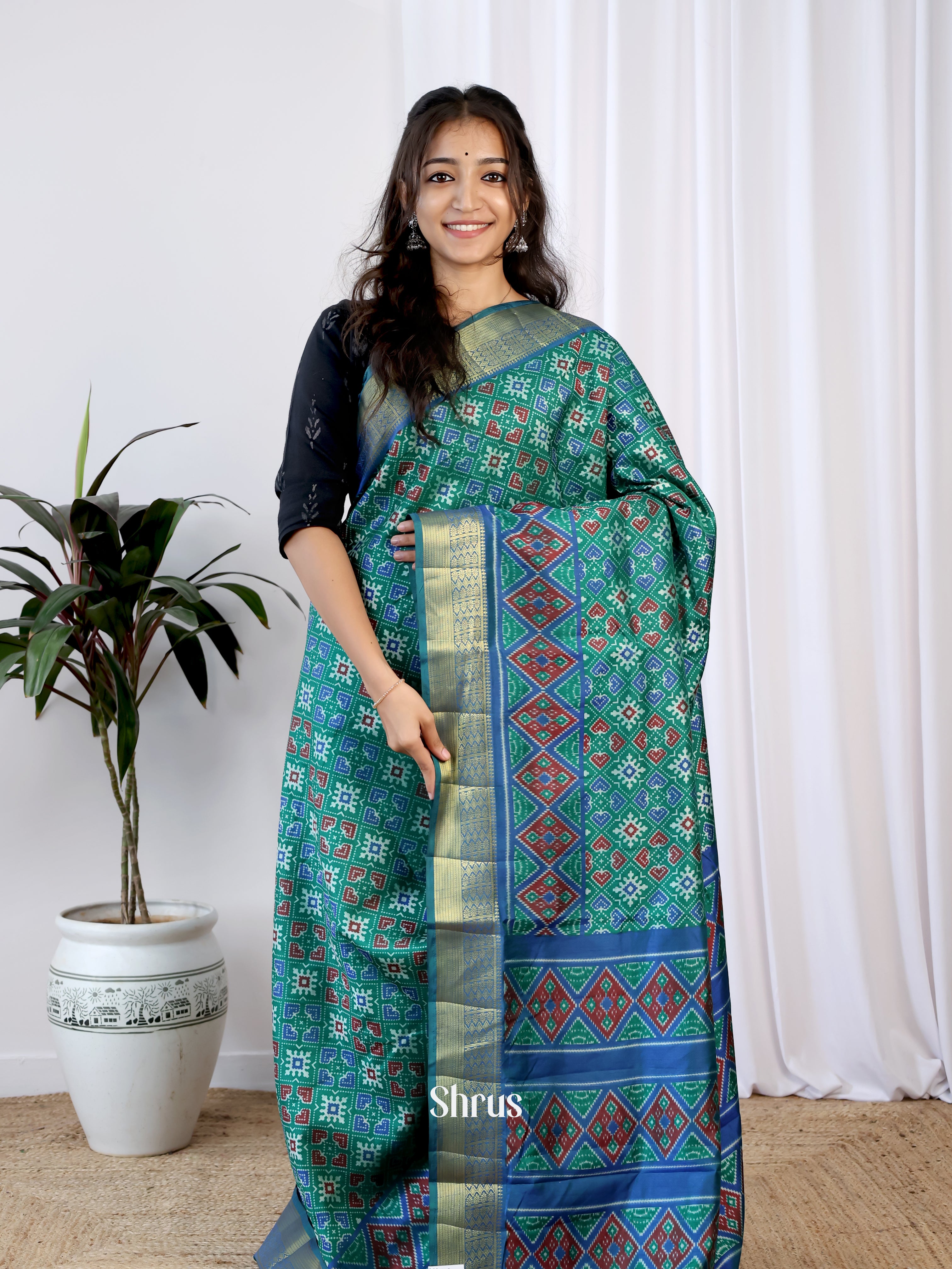 Green & Blue - Semi Patola Saree - Shop on Shrus.com