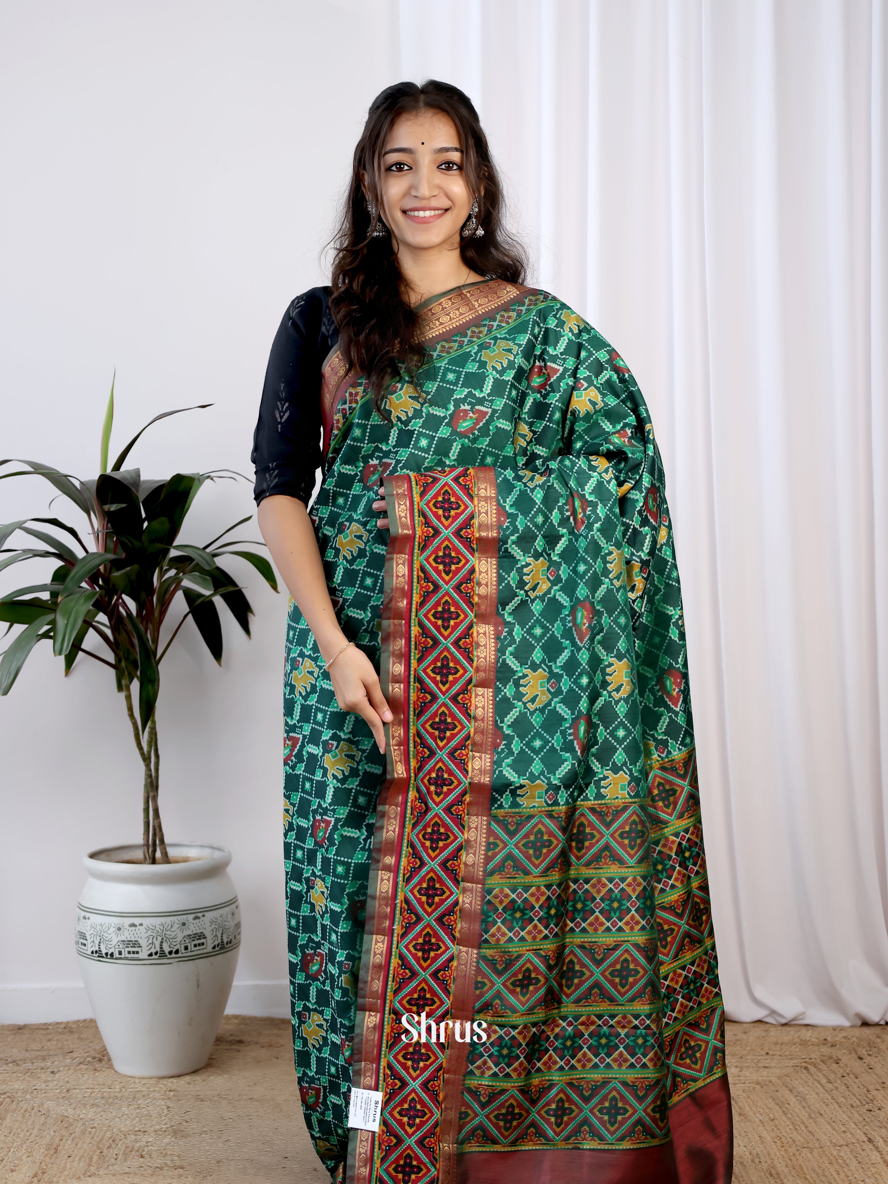 Green & Brown - Semi Patola Saree - Shop on Shrus.com