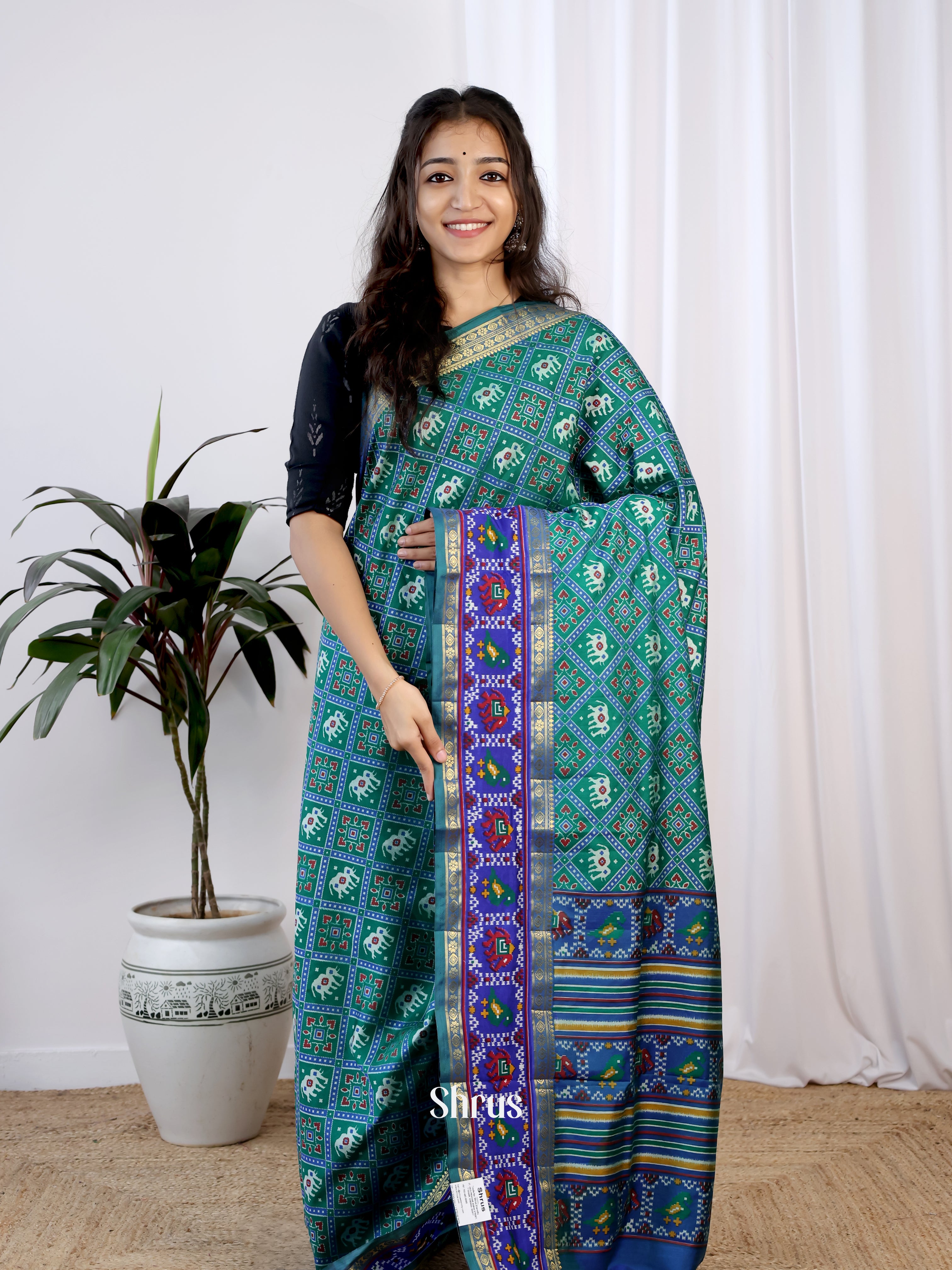 Green & Blue - Semi Patola Saree - Shop on Shrus.com