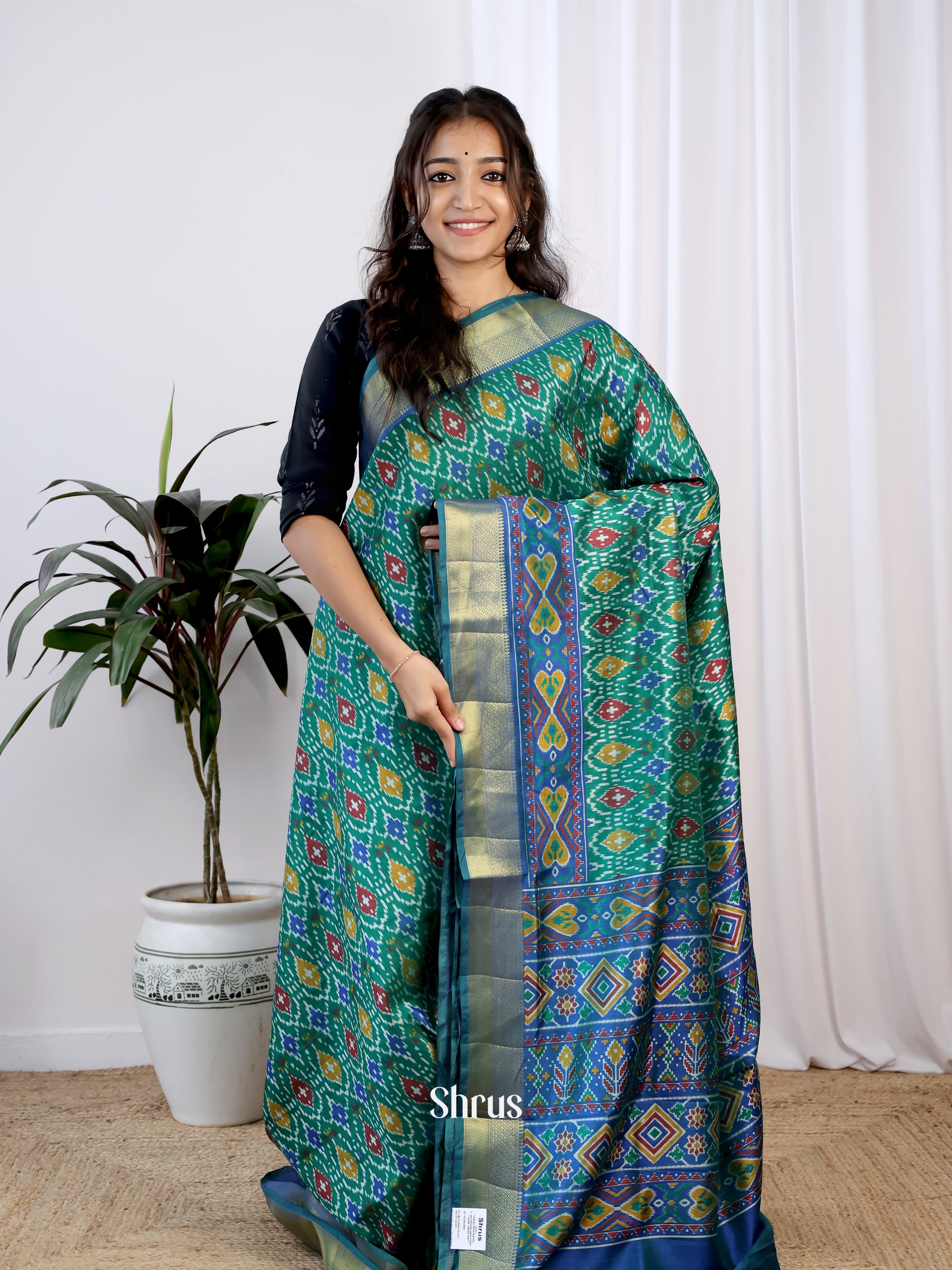 Green & Blue - Semi Patola Saree - Shop on Shrus.com