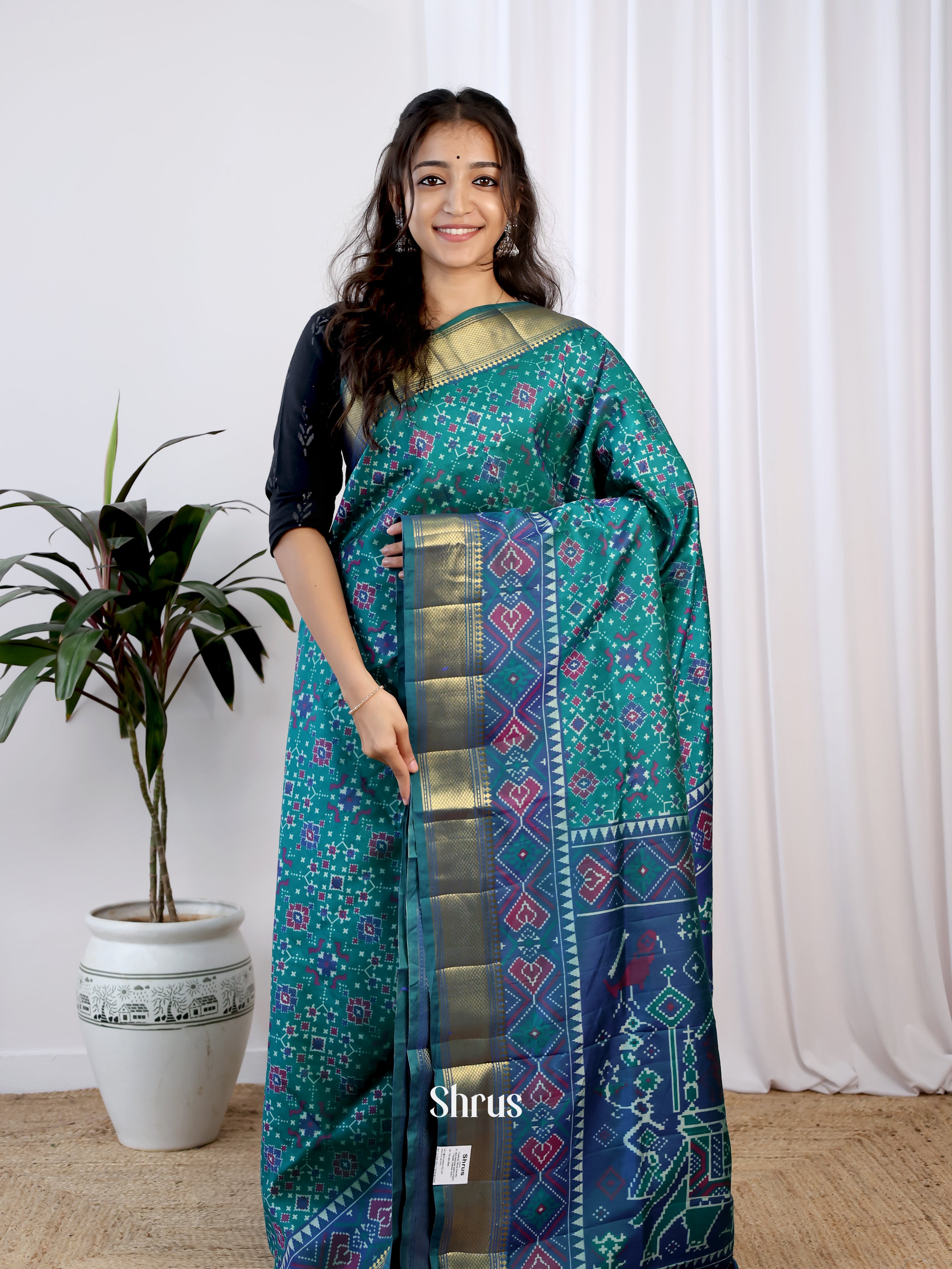 Green & Blue - Semi Patola Saree - Shop on Shrus.com